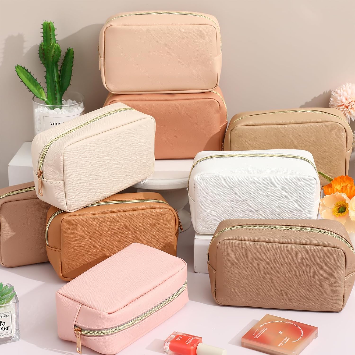 Sweetude 10 Pcs Makeup Bag Bulk Preppy Gift PU Leather Cosmetic Bag Small Skincare Toiletry Pouch with Zipper Valentine Cosmetic Pouch for Women Valentine Wedding Gift Favors(Vintage Color) - Image 3