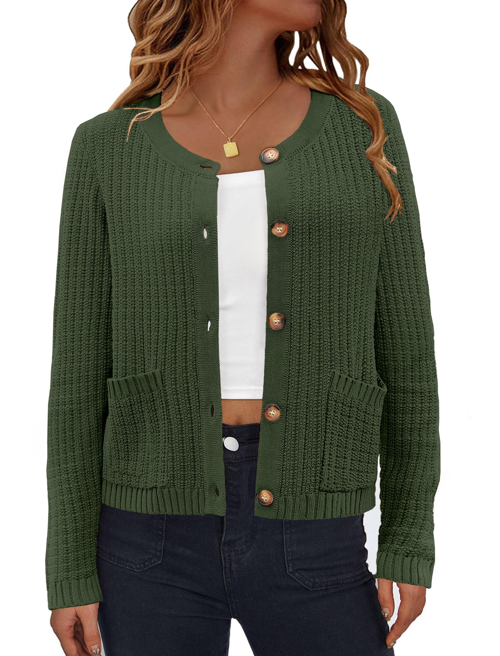 AGSEEM Womens Knit Button Up Cardigan Sweaters with Pockets Long Sleeve Crew Neck Open Front Sweater Jackets Outerwear