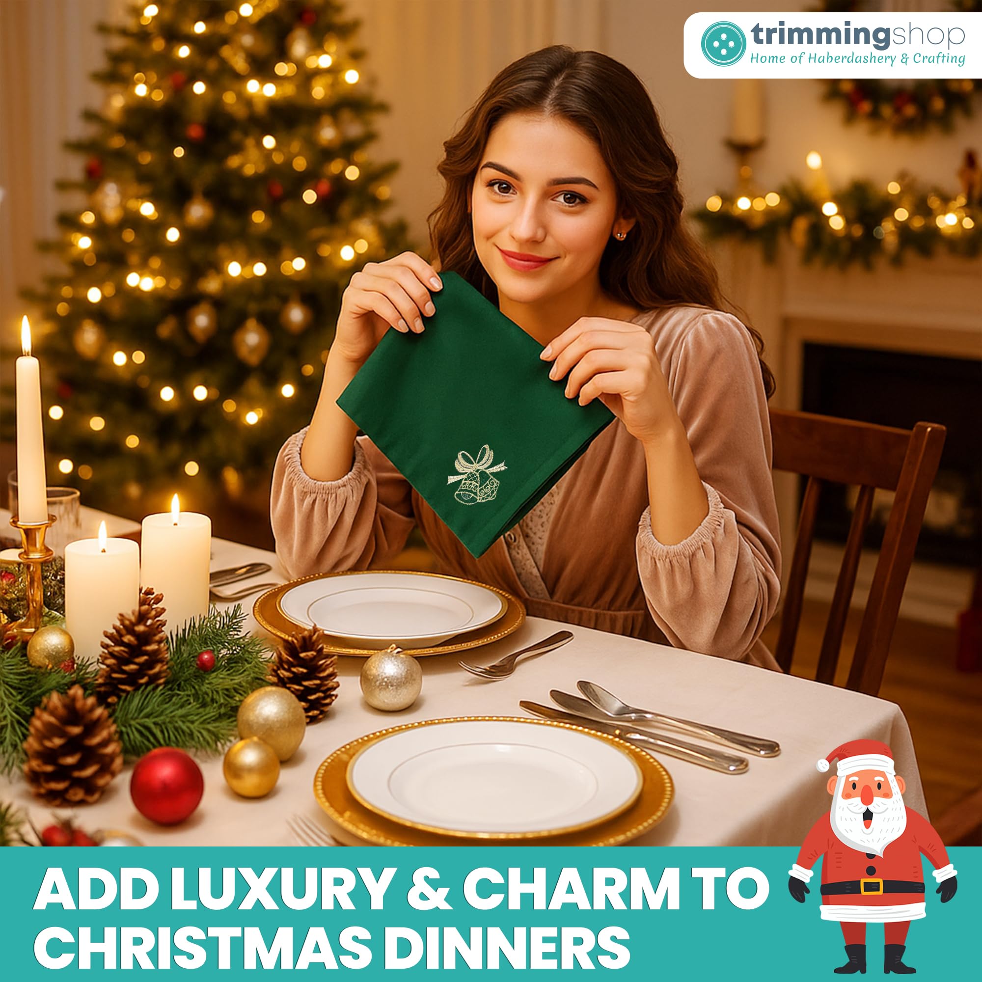 Trimming Shop Lot de 20 serviettes de table de Noël vertes avec broderie festive en polyester filé, 50,8 x 50,8 cm, résistantes aux taches, réutilisables, pour décoration de vacances et fêtes