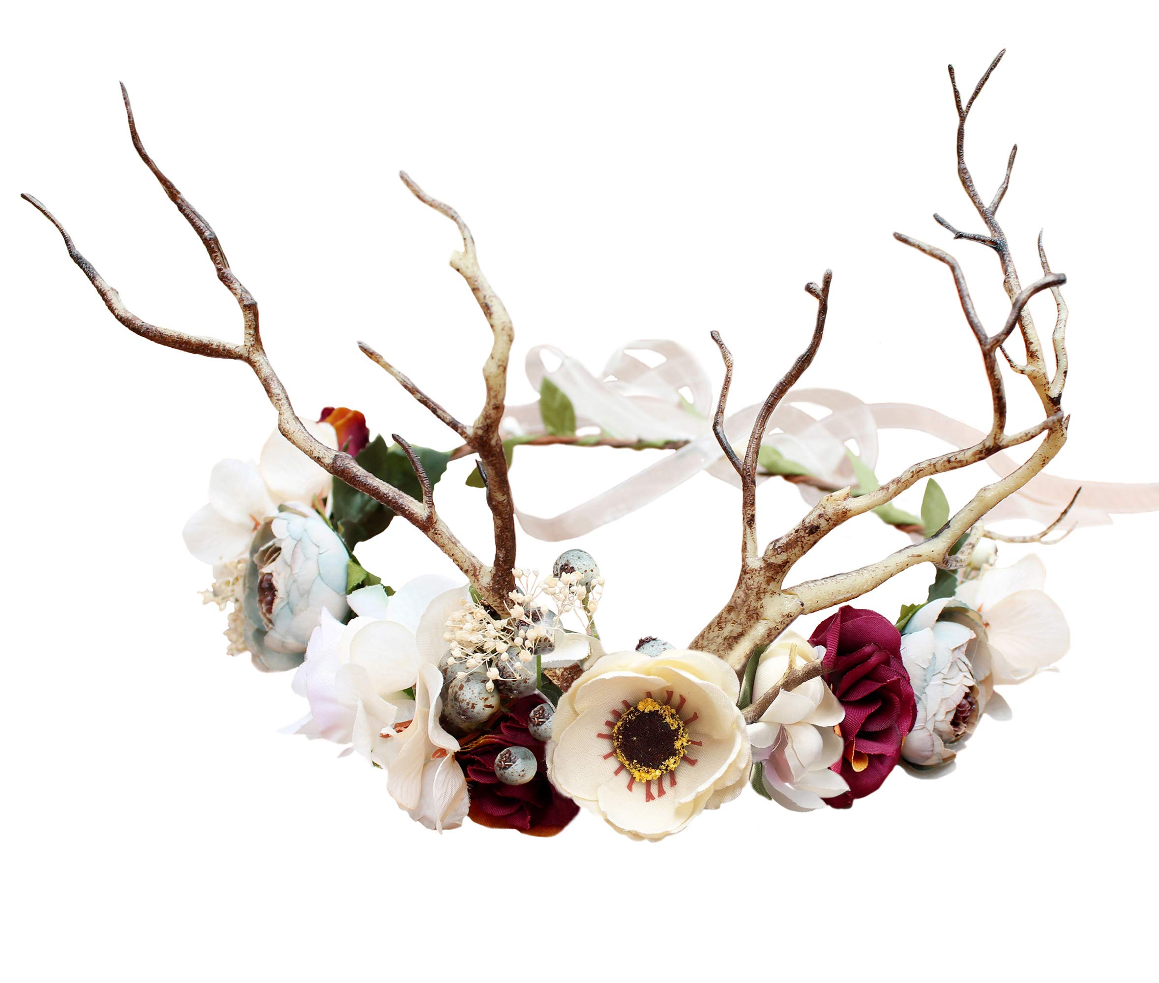Deer Flower Crown Boho Floral Headband Hair Wreath Hair Garland Flower Halo Floral Headpiece with Ribbon Wedding Party Festival