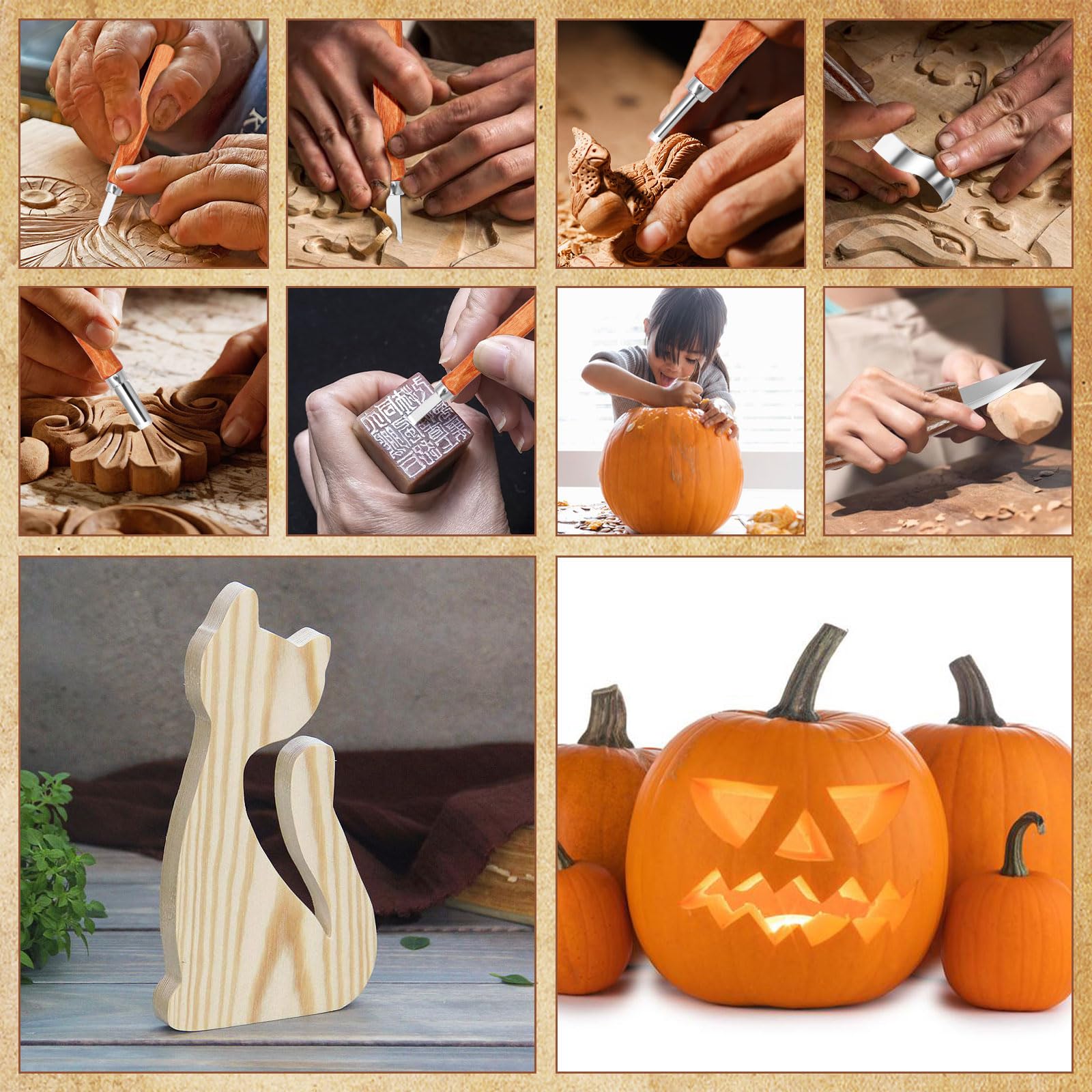 AUGSUN Kit de tallado de madera, paquete de 17 herramientas de cuchillo de tallado a mano para escultura, carpinteros, expertos y principiantes