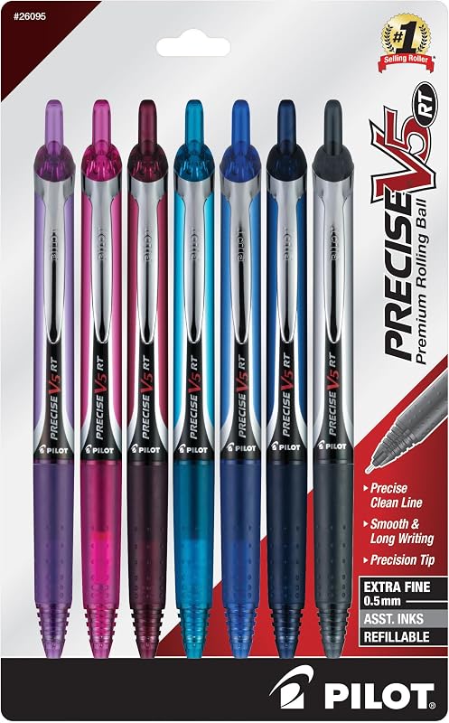 PILOT Precise V5 RT Rolling Ball Pens, 0.5 mm, Assorted, Pack of 7