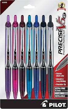 Pilot Precise V5 RT Refillable & Retractable Rolling Ball Pens, Extra Fine Point Pens, 0.5 mm, Assorted, Pack of 7 - Ideal for School, Journaling & Office Writing