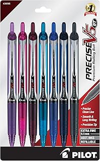 Precise V5 RT Refillable & Retractable Rolling Ball Pens, Extra Fine Point Pens, 0.5 mm, Assorted, Pack of 7 - Ideal for School, Journaling & Office Writing