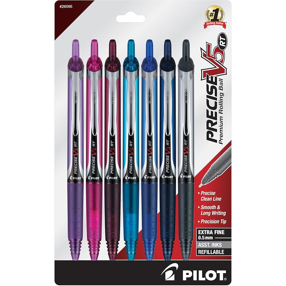 PILOT Precise V5 RT Retractable Rollerball Pens, 0.5mm, Assorted, 7-Pack