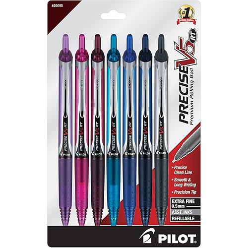 Pilot Precise V5 RT Refillable & Retractable Rolling Ball Pens, Extra Fine Point Pens, 0.5 mm, Assorted, Pack of 7 - Ideal for School, Journaling & Office Writing - Assorted 7