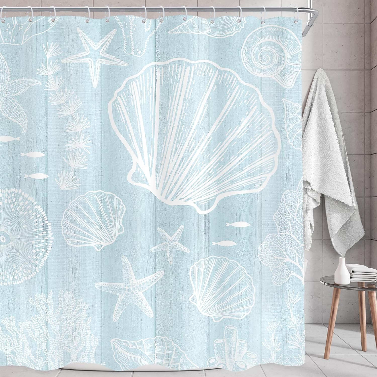 AMBZEK Beachy Seashell Shower Curtain 72Wx84L Inch Extra Long Nautical Beach Wooden Plank Ocean Starfish Coastal Rustic Artwork Cloth Fabric Waterproof Polyester Bathroom Decor Set with 12 Pack Hook
