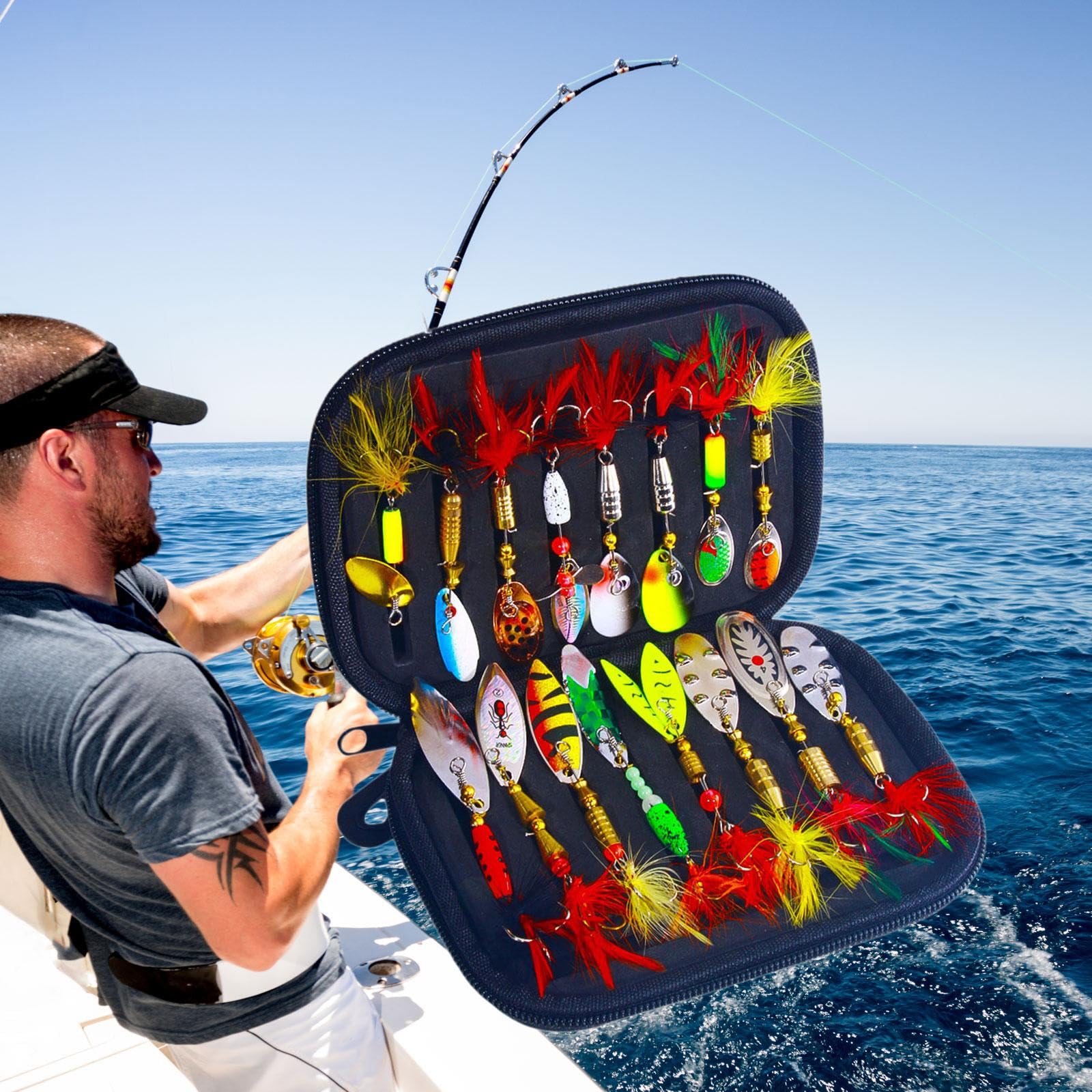 Kit de 16 Cucharillas Spinnerbait de Metal con para Pesca de Lubina. Kit de Señuelos de Pesca para Hombres.