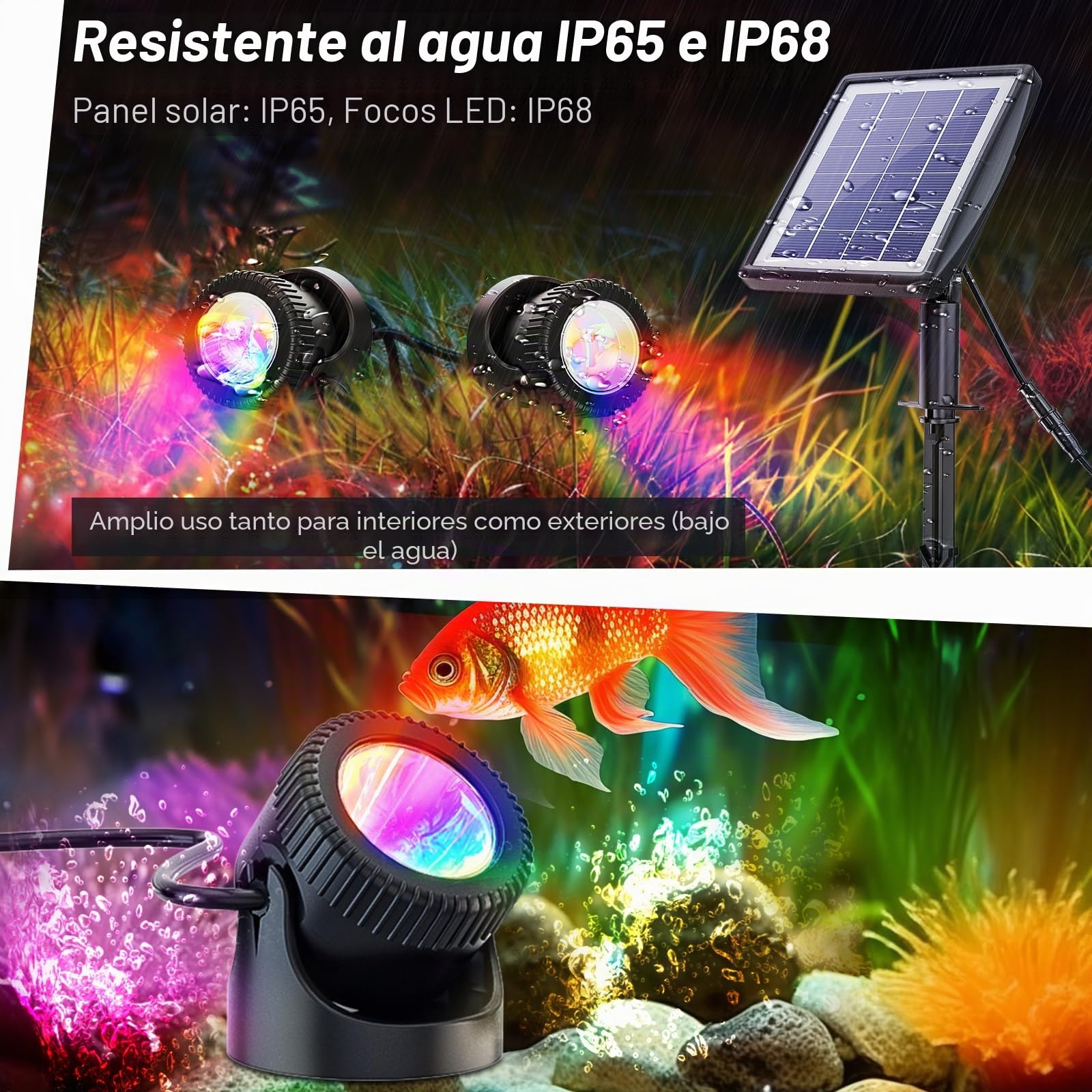PChero Luces solares sumergibles para estanque, LED 3 en 1 RGB que cambian de color, luz subacuáticas impermeables para peceras, jardín y patio