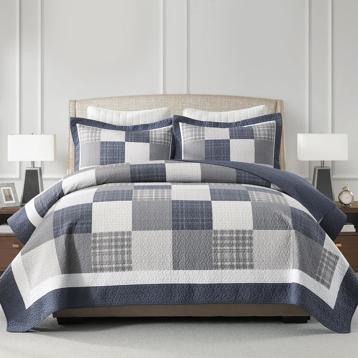 Finlonte Plaid King Quilt Set - Lightweight Cotton Quilted Bedspread Farmhouse King Size Comforter Sets with 2 Pillow Shams, 3-Piece, Blue/Beige/White