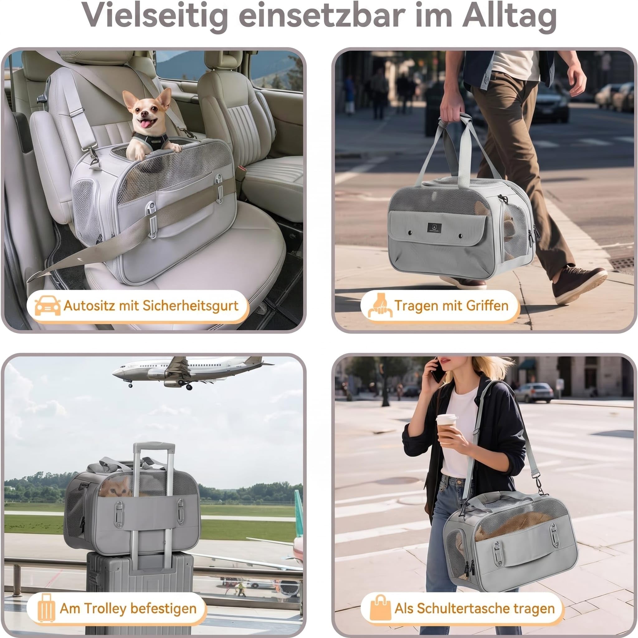 A 4 PET Transportbox Katze mit Auto patentieren Sicherheit Schnallen, Atmungsaktive Hundetasche Transporttasche für Hunde & Katzen bis 7 kg mit Verschließbare Reißverschlüsse & Sicherheitsgurt