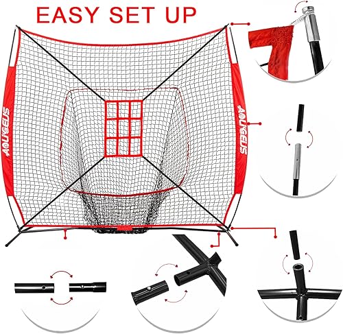 Vista 28 de 7'X7' Baseball Softball Practice Net,Pitching Net,Batting Net,with Baseball Tee,Bonus Strike Zone and Bow Frame,for Hitting,Pitching, Catching