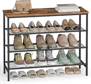 VASAGLE Shoe Rack, Shoe Storage Rack for Closet, Entryway, Living Room, Free Standing Metal Organizer Shelf, 4 Tiers, 11.8 x 29.5 x 27.2 Inches, for 12–16 Pairs, Rustic Brown and Ink Black ULBS049KD01