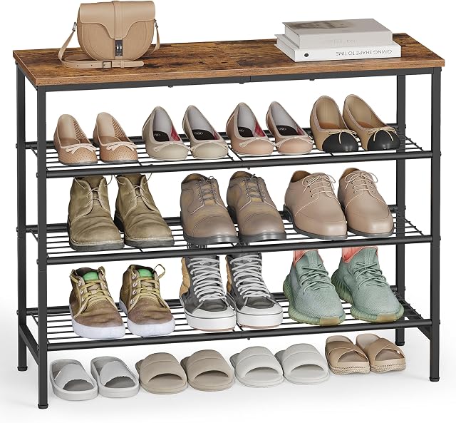 VASAGLE Sac à chaussures, sac de rangement pour placard, entrée, salon, plateau d'organisateur de métaux, 4 les niveaux, 11.8 x 29.5 x 27.2 Inches, pour les paires 12-16, brun rustique et noir d'encre ULBS049KD01