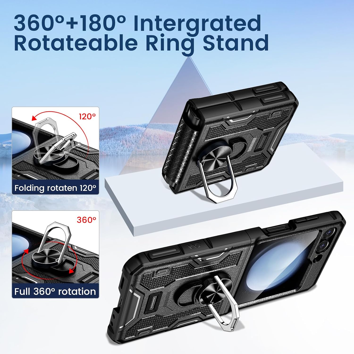 VEGO for Galaxy Z Flip 5 Case with Stand, 360°Ring Magnetic Ring Kickstand & Belt Clip Holster & Camera Screen Protector & Hinge Protection, Shockproof Cover - Black