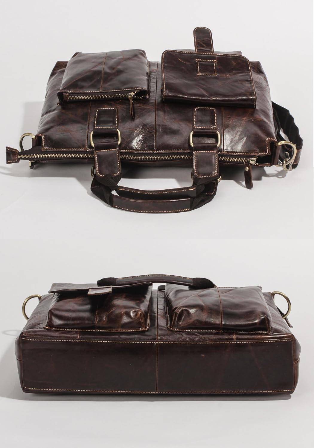 Le'aokuu Mens Genuine Leather Cowhide Briefcase Attache Messenger 15.6“ Laptop Bags (Coffee)
