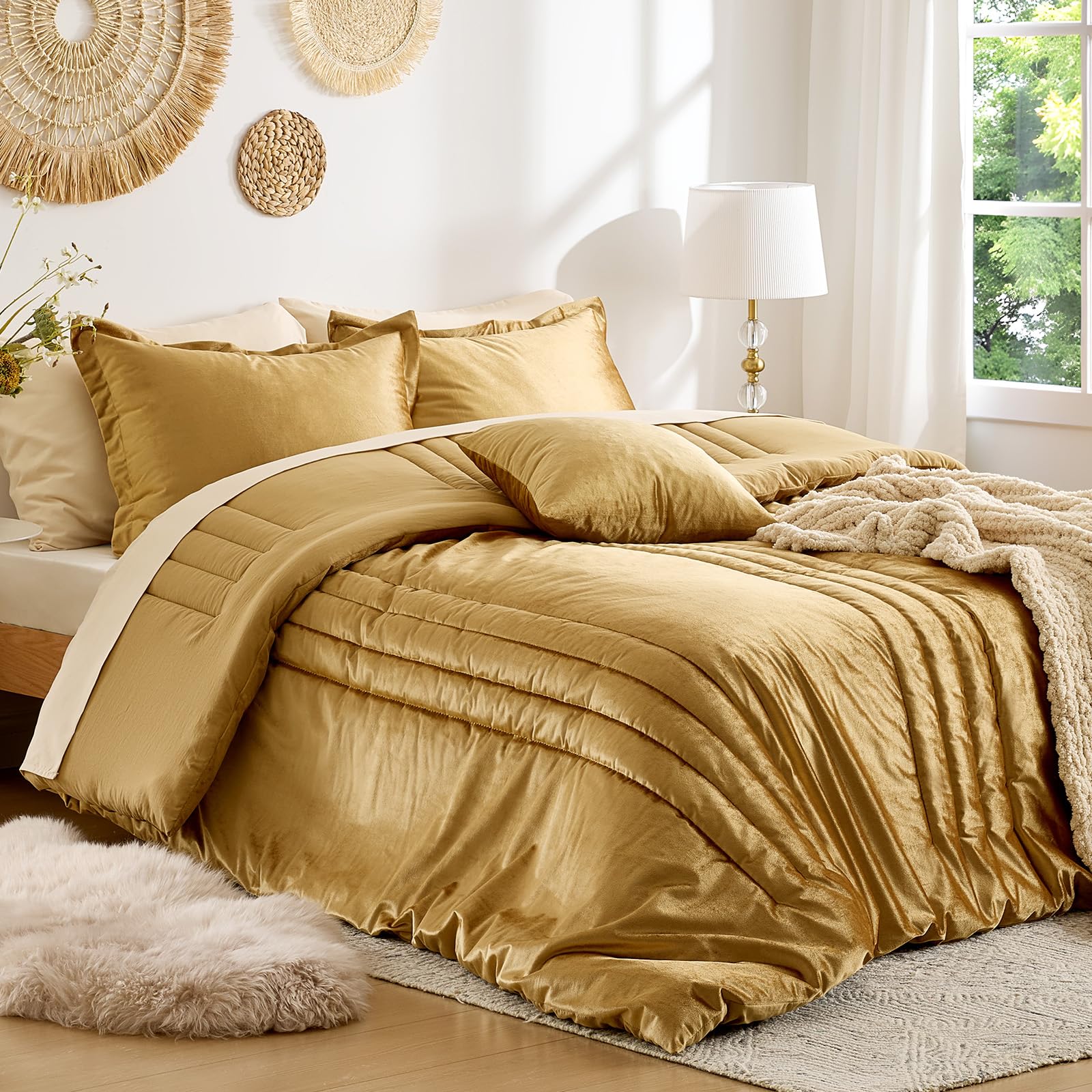 Photo 1 of **color different**MUSSEL Bedding Comforter Set Queen Size 3 Pieces-Luxury Shiny Gold Striped Lightweight Bedroom Comforter Queen Size,Soft Velvet Bed Set with 2 Shams