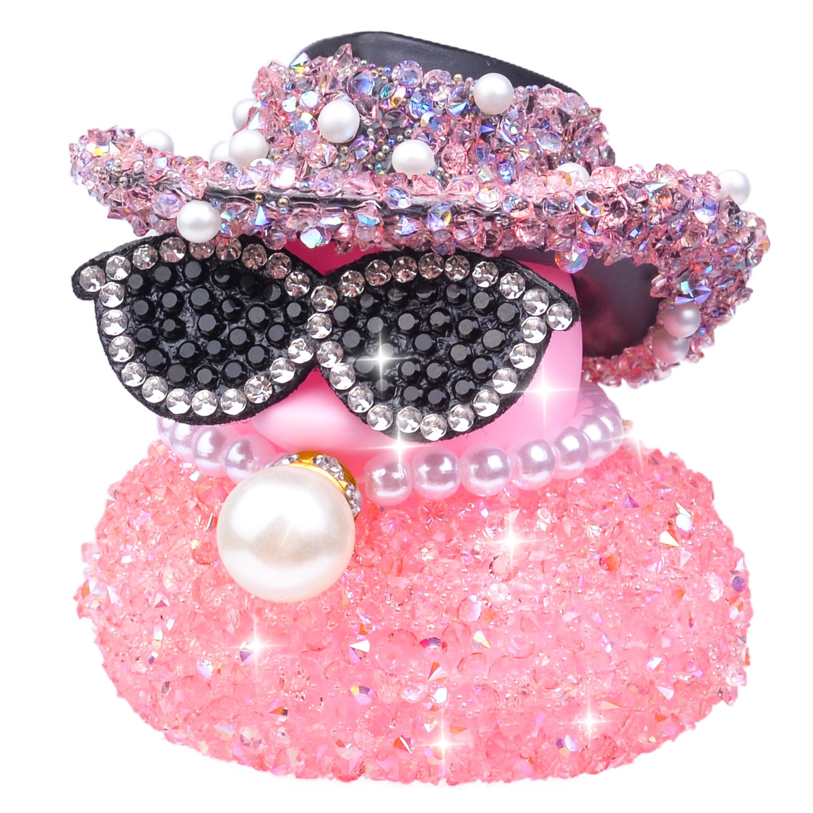 Mwmoeen Strass Gummi Ente Auto Ornamente, lustige Gummiente Auto Armaturenbrett Dekoration, Mini Ente mit glänzender Cowboyhut Halskette und Sonnenbrille für Auto, Schreibtisch, Büro Dekoration
