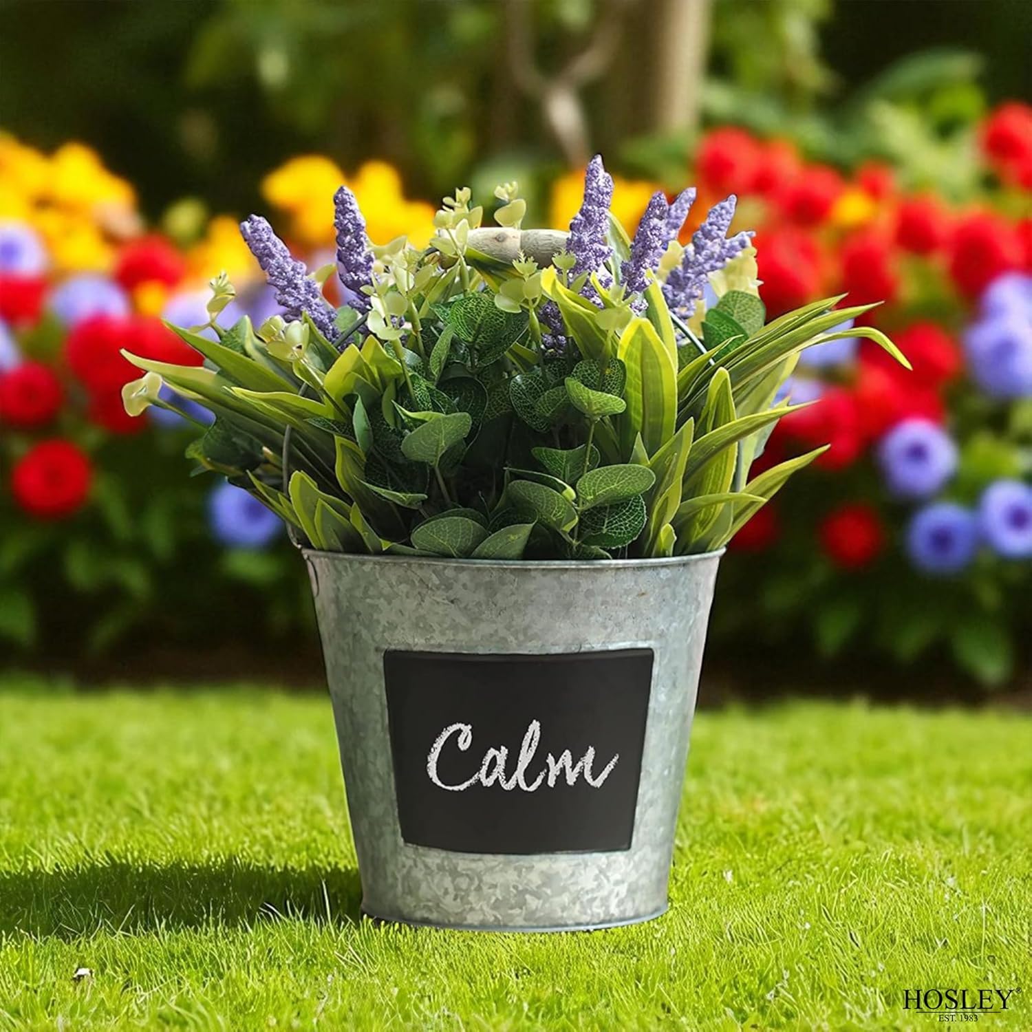 Hosley Galvanized Metal Chalkboard Bucket with Wooden Handle 7 Inch Dia – Set of 8 Rustic Farmhouse Floral Planter, Ideal for Home Décor, Office, Party, Wedding, Indoor, Outdoor or Tabletop Décor