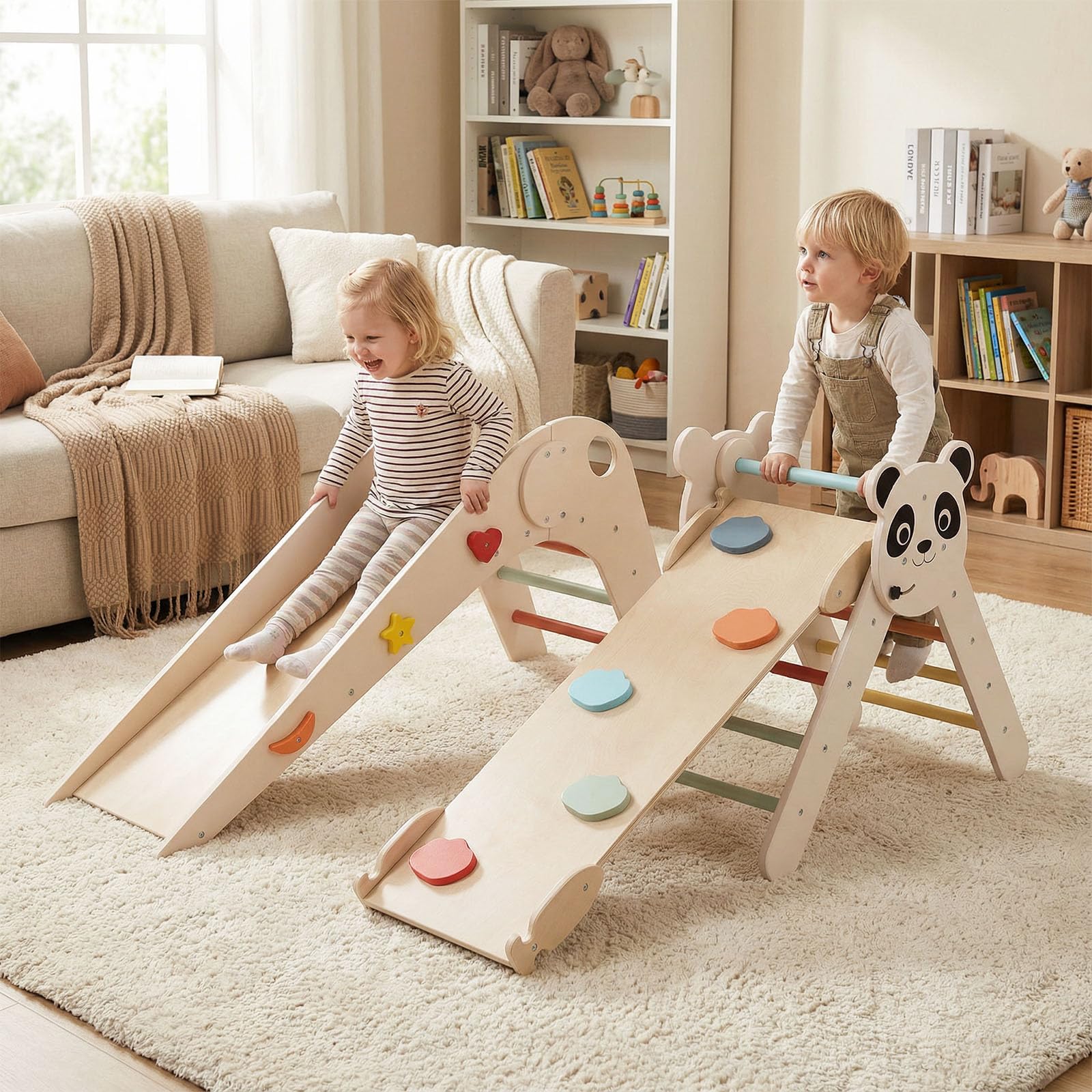 COSTWAY Kletterdreiecke Indoor 3er Set, klappabres Kletterdreieck mit Rutsche, Rampe, Kletterleiter, inkl. Baustein Set, Klettergerüst Holz, Sprossendreieck für Kinder ab 3 Jahr (Macaron)