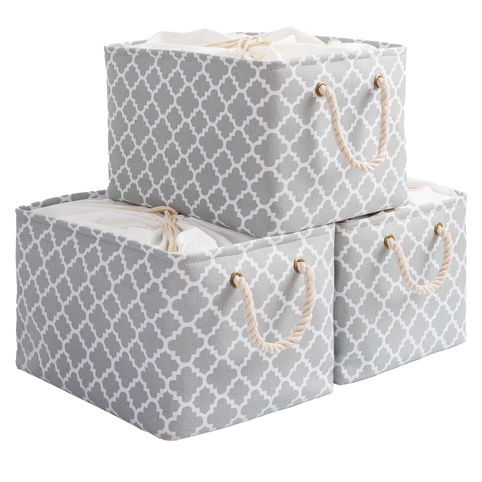 OUTBROS Juego de 3 Cesta de Almacenamiento plegable grande, 38 x 28 x 26 cm Cajas Organizadoras de tela con asas de transporte y cubierta de cordón para toallas, ropa, Linterna