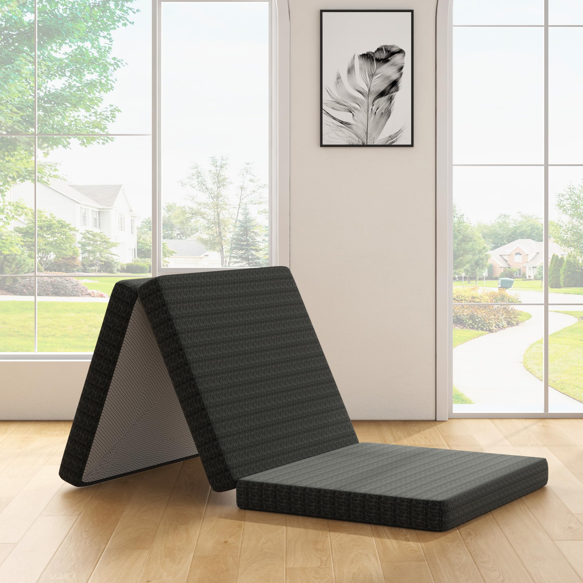 4 inch gel memory foam mattress twin size, portable tri-folding mattress with washable cover, for guest bed, camping, travel, dormitory, black
