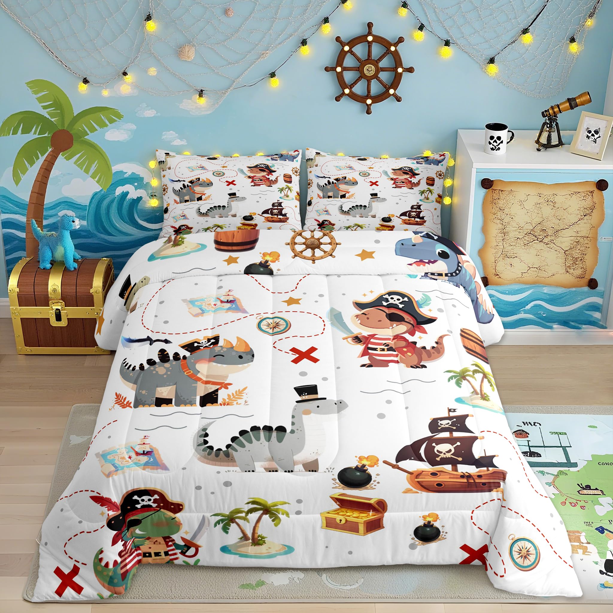 Pirate Dinosaur Kids Comforter Set Full Size for Boys,Sea Nautical Map Theme Bedding Sets 3Pcs,Child Teens Bedroom Decor,Cartoon Animals Quilt Set