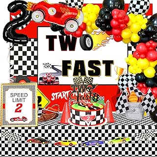 93pcs Two Fast Birthday Decorations, Racing Car Theme 2nd Birthday Party Decorations, Two Fast Cake Topper, Backdrop, Tablecloth, Racing Car Balloons Garland, Two Fast Banner for Two Fast Two Curious Birthday Decorations, Boy’s Second Birthday