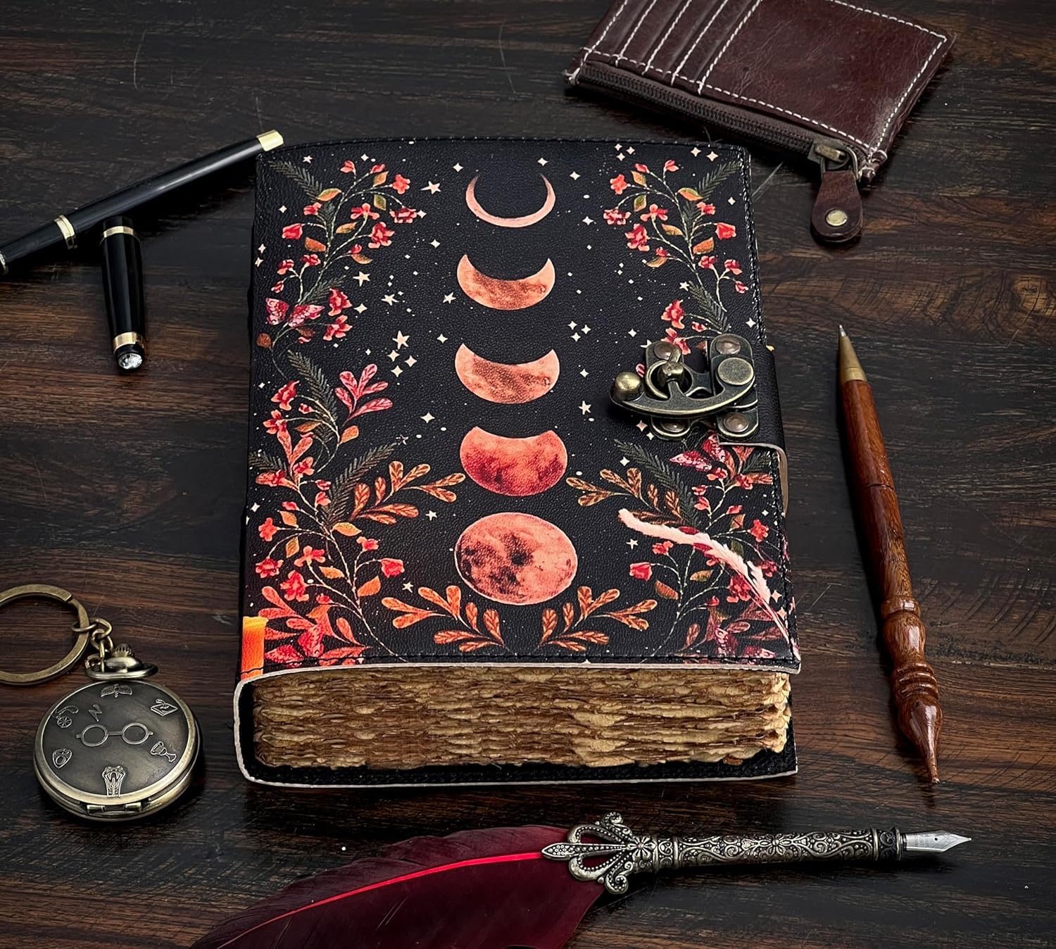 Saify Handicrafts Leeres Zauberbuch der Schatten Tagebuch mit Schloss-Verschluss Vintage Handgemachtes Leder Tagebuch Mondphasen-Druck Tagebuch Gebet Heidnische Hexerei Zubehör Wicca Dekor Notizbuch
