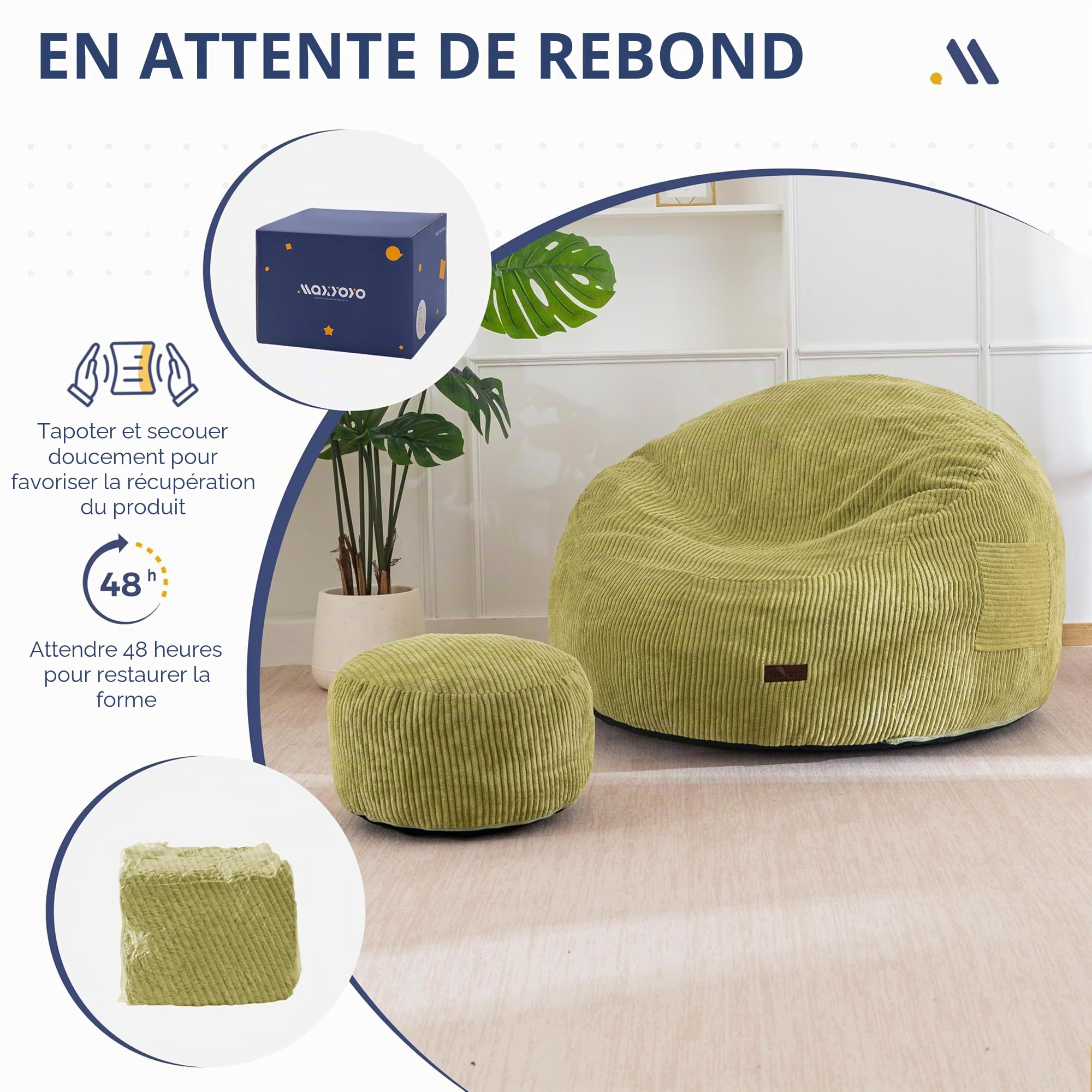 MAXYOYO Fauteuil Poire en Corde avec Repose-Pieds pour Adultes et Enfants, Canapé-Pouf et Pouf avec Rembourrage en Mousse, Fauteuil de Salon avec Poignée pour Salon, Chambre, Jeux, Lecture, Détente