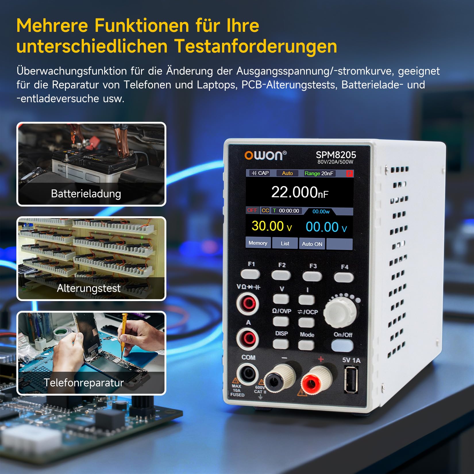 OWON SPM8205 Programmierbares Gleichstromnetzteil (0–80V, 0–20A) mit 4½-stelligem Multimeter,500W Ausgangsleistung, hoher Auflösung (10mV/1mA),USB/RS232/LAN&SCPI Unterstützung für Industrie und Labor