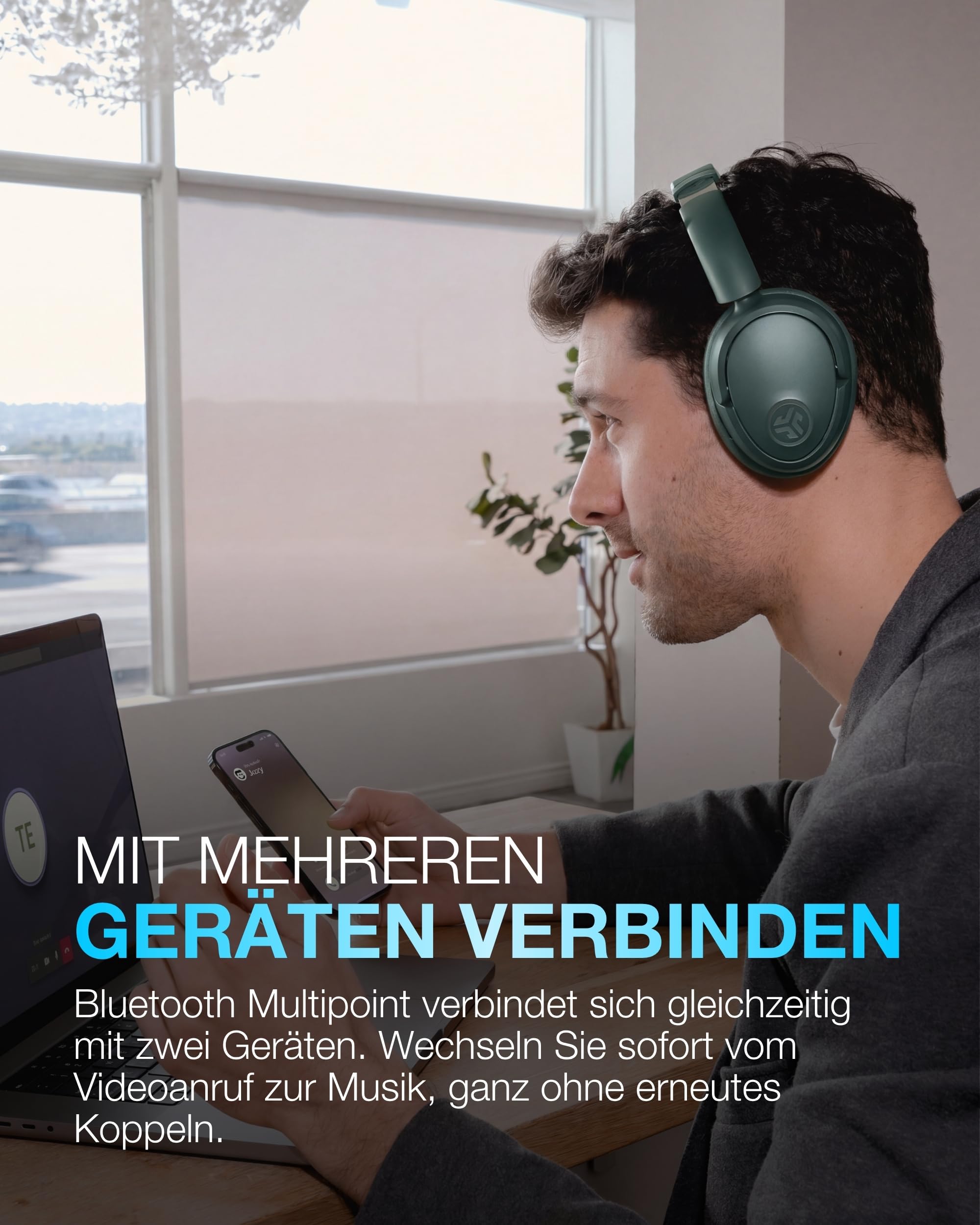 JLab JBuds LUX ANC Noise Cancelling Kopfhörer Over Ear Bluetooth kabellos mit Mikrofon und aktiver Geräuschunterdrückung, 70+ Std. Spielzeit, Faltbare Bluetooth Headphones, Immersive Audio, Salbei
