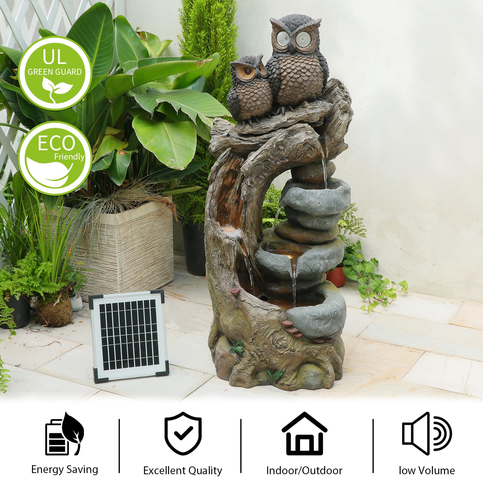 Solar Springbrunnen Außen Eulen, 4 - Stufen Gartenbrunnen Kaskade Zimmerbrunnen mit LED - Beleuchtung, Gartenbrunnen für Balkon, Terrasse, Drinnen & Draußen, Gartendekoration, 87 cm