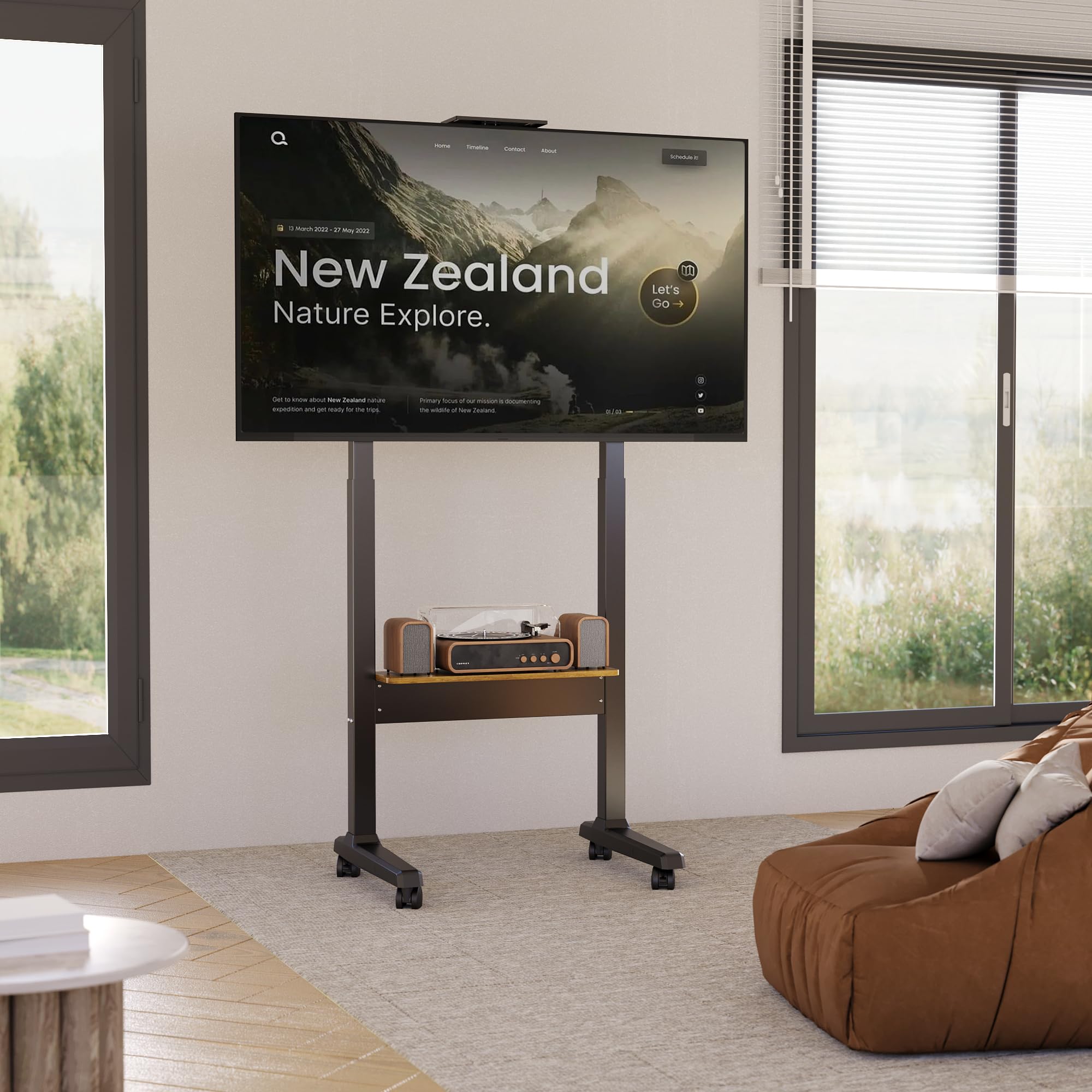 Photo 1 of Claiks Motorized Mobile TV Stand on Wheels for 37–86 Inch TVs up to 154 lbs,Rolling TV Stand with Electric Height Adjustable & Storage Shelf,VESA 200x200–600x400mm,(Rustic Brown)