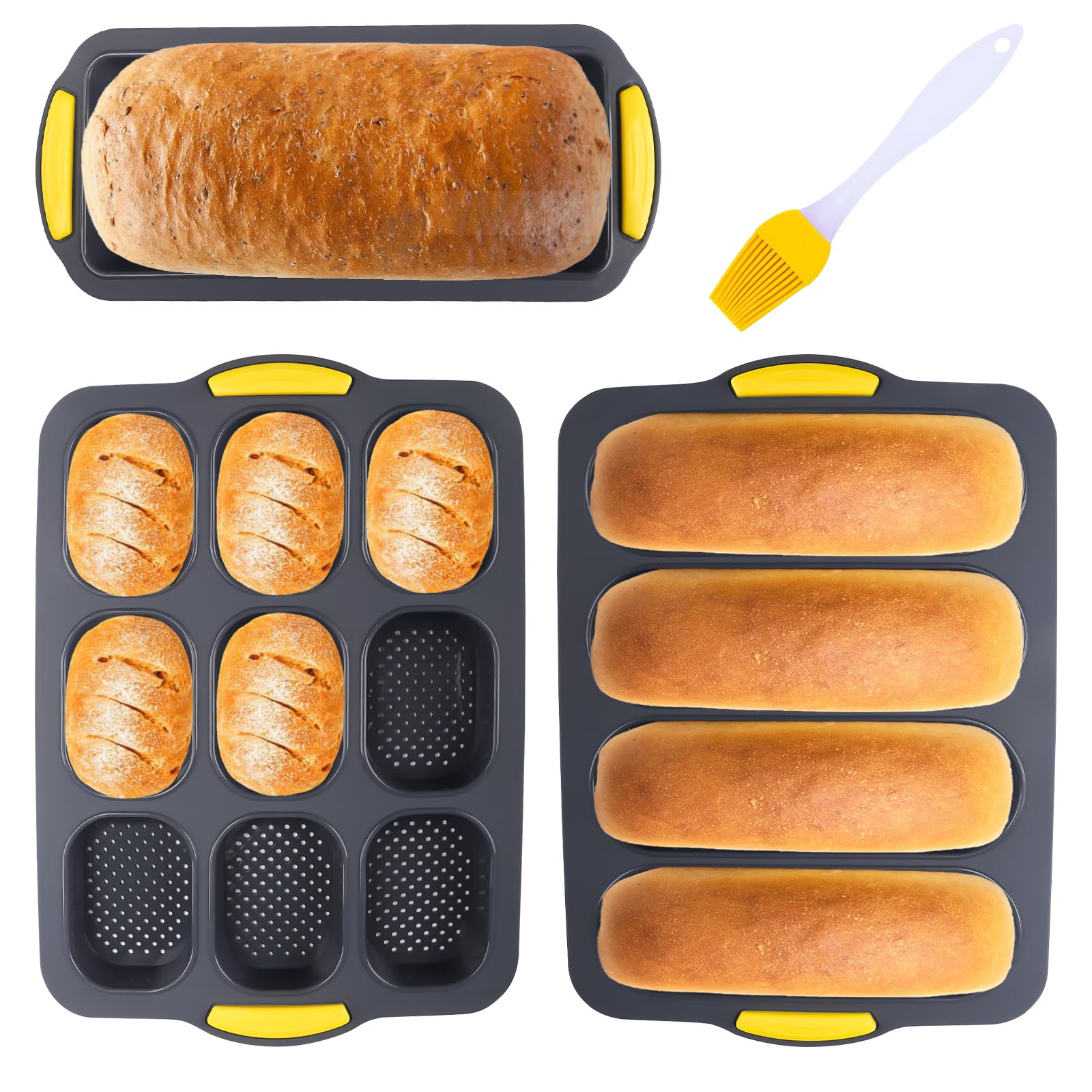 Silicone Baguette Pan, 3pcs French Bread Mould Non-Stick, Baguette Baking Tray Mould with Brush for Home Kitchen