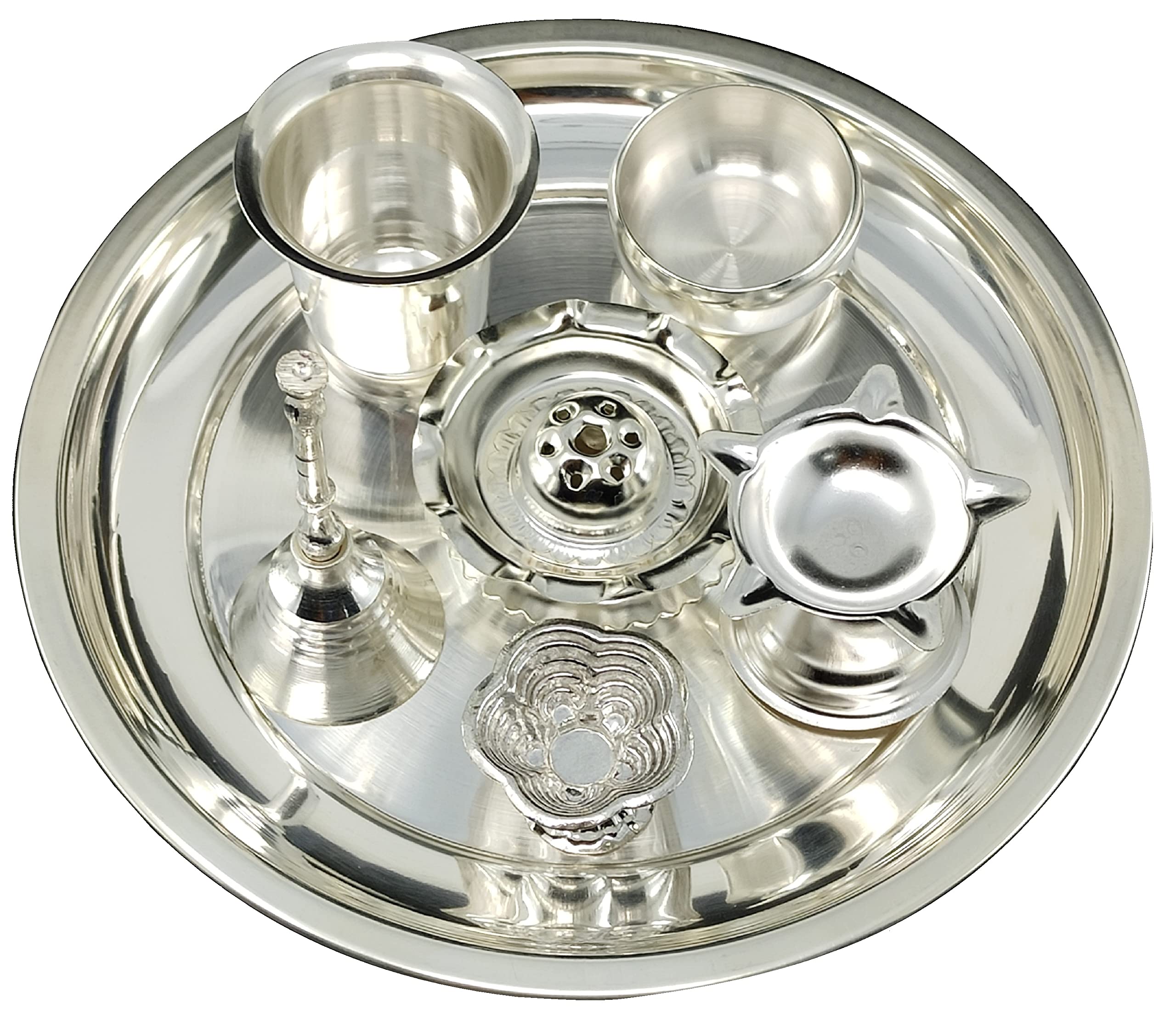 Silver Plated Pooja Thali Set 7 Inch with Plate Diya Glass Bowl Dhup Dan Ghanti Kumkum Holder Puja Decorative Items for Home Mandir Office Wedding Return Gift Items