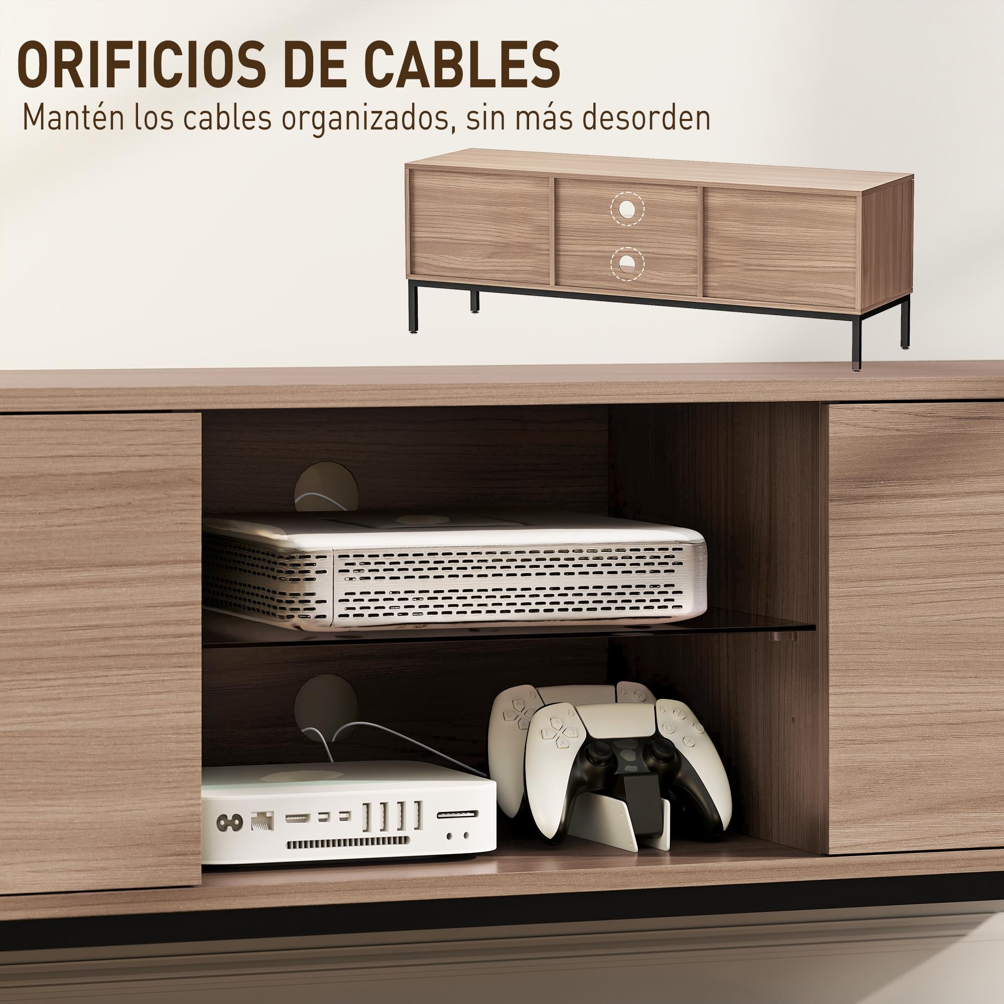 HOMCOM Mueble de TV Moderno Mueble de TV para Salón con 2 Compartimentos Abiertos 2 Puertas Estante de Cristal Ajustable y 2 Orificios para Cables para Televisión hasta 60 Pulgadas 140x40x49,5 cm Gris