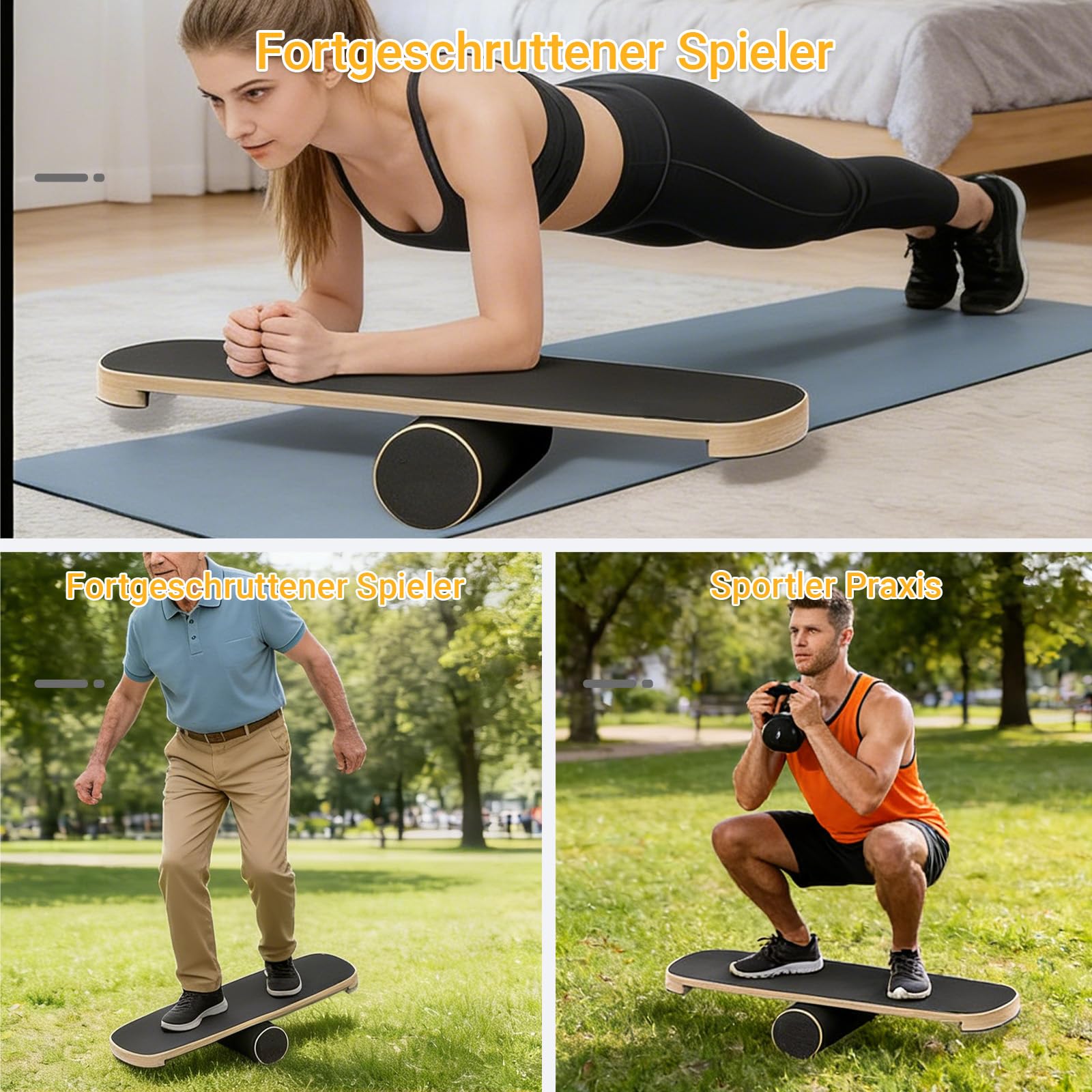 Balance Board Roller Holz, Trainer Rollbrett Balance Trainingsbrett, Surfin BalanceBoard Rutschfest Gleichgewichtstrainer für Einsteiger&Profis, Körperkontrolle Exerciser Schwarz