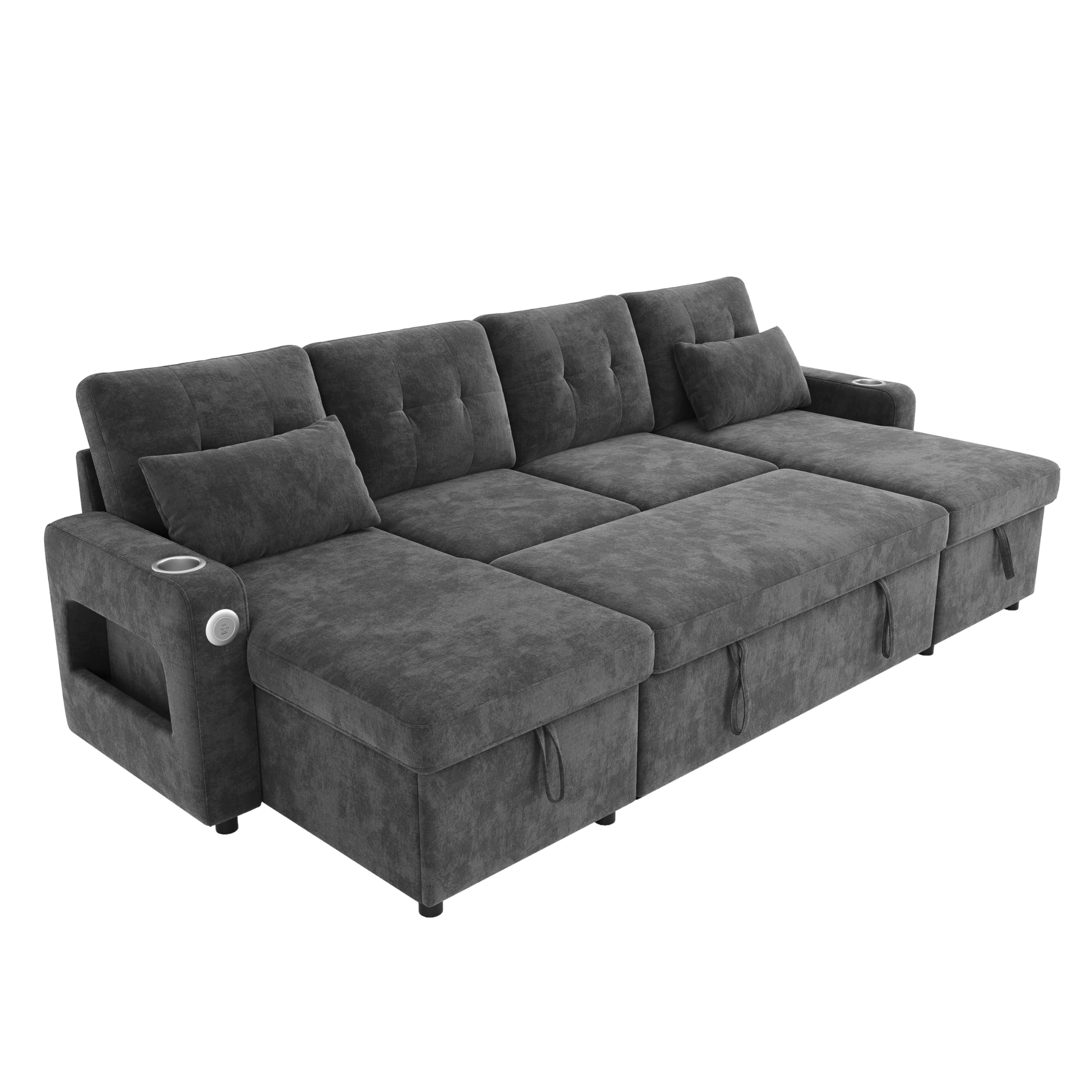 Sapgaks Canapé d'angle Convertible Moderne en U avec LED,Port de Chargement USB,Porte-gobelet,Poches latérales,Espace de Rangement,canapé lit,canapé Convertible 4 Places,Chenille (B-Gris)