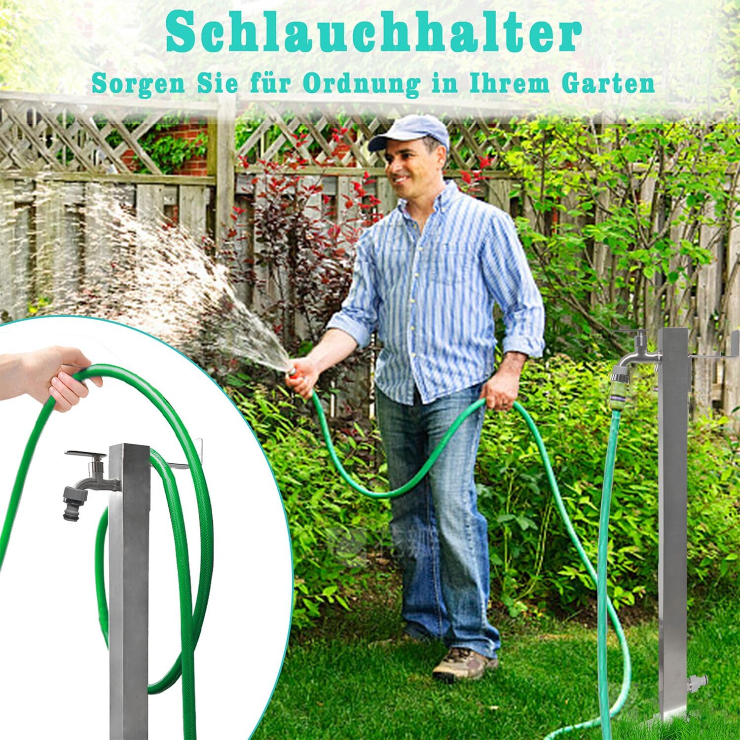 Elbe Colonna d'acqua da giardino quadrata in acciaio inossidabile 87 cm - Resistente al gelo - Con supporto per tubo, filettatura esterna G1/2, con due adattatori per tubo da irrigazione