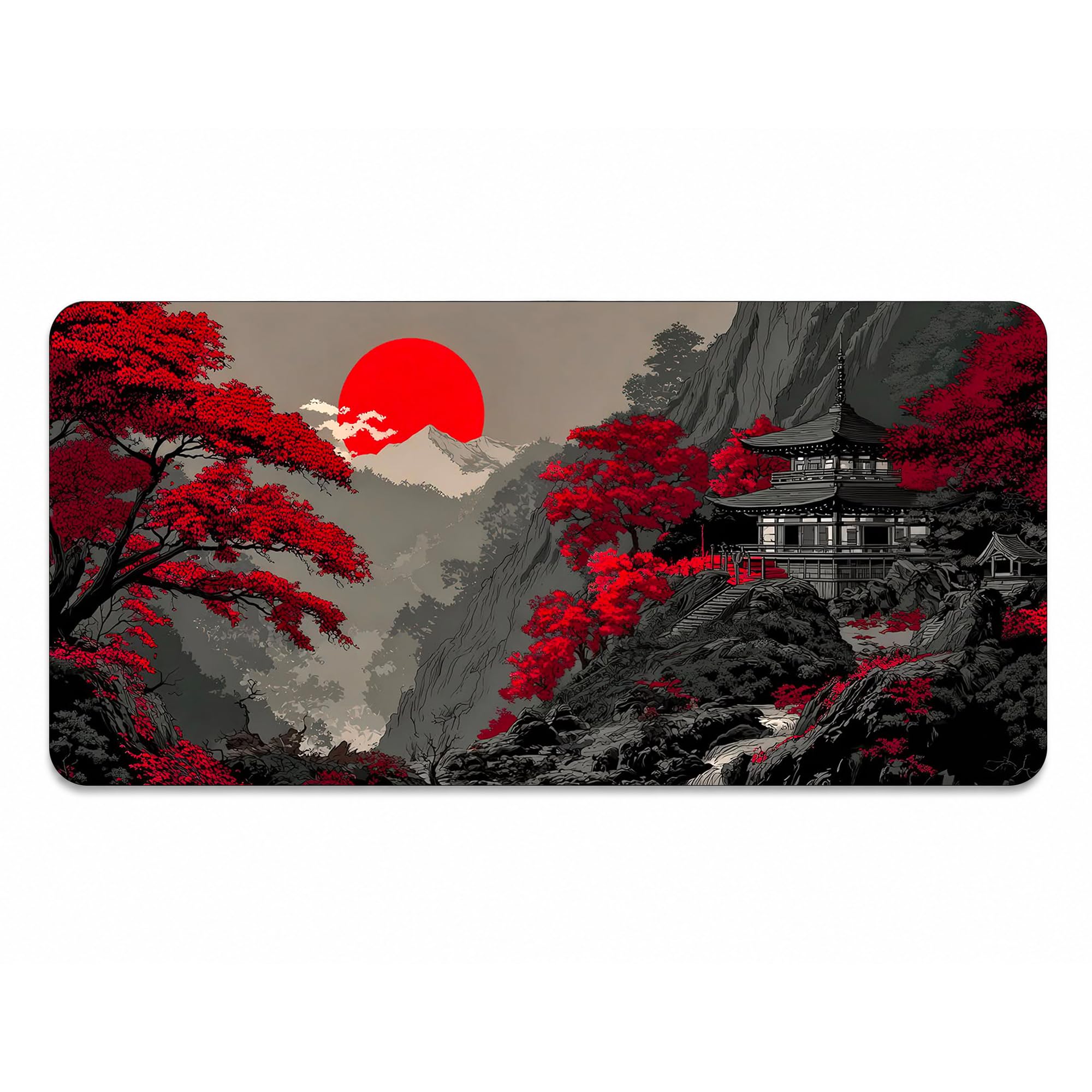 Extended Gaming Mousepad Desk Mat, Japanese Temple & Red Sun Art Design, Large 11x23 inches (3 mm Thick) Keyboard Pad, Anti-Slip Rubber Base, Smooth Surface for Office & Gaming-image-49