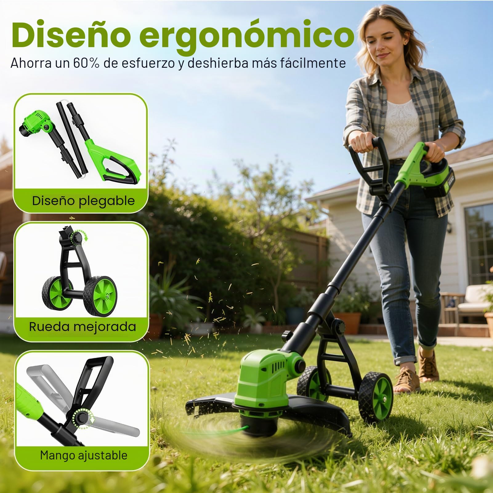 Desbrozadora Bateria con Ruedas, 21V Desbrozadora Electrica con 2 * 3.0 Ah Baterías,800W Motor sin Escobillas,Ancho de Corte 36CM,Cortadora de Césped con 8 Bobinas de Repuesto para Jardín y Césped