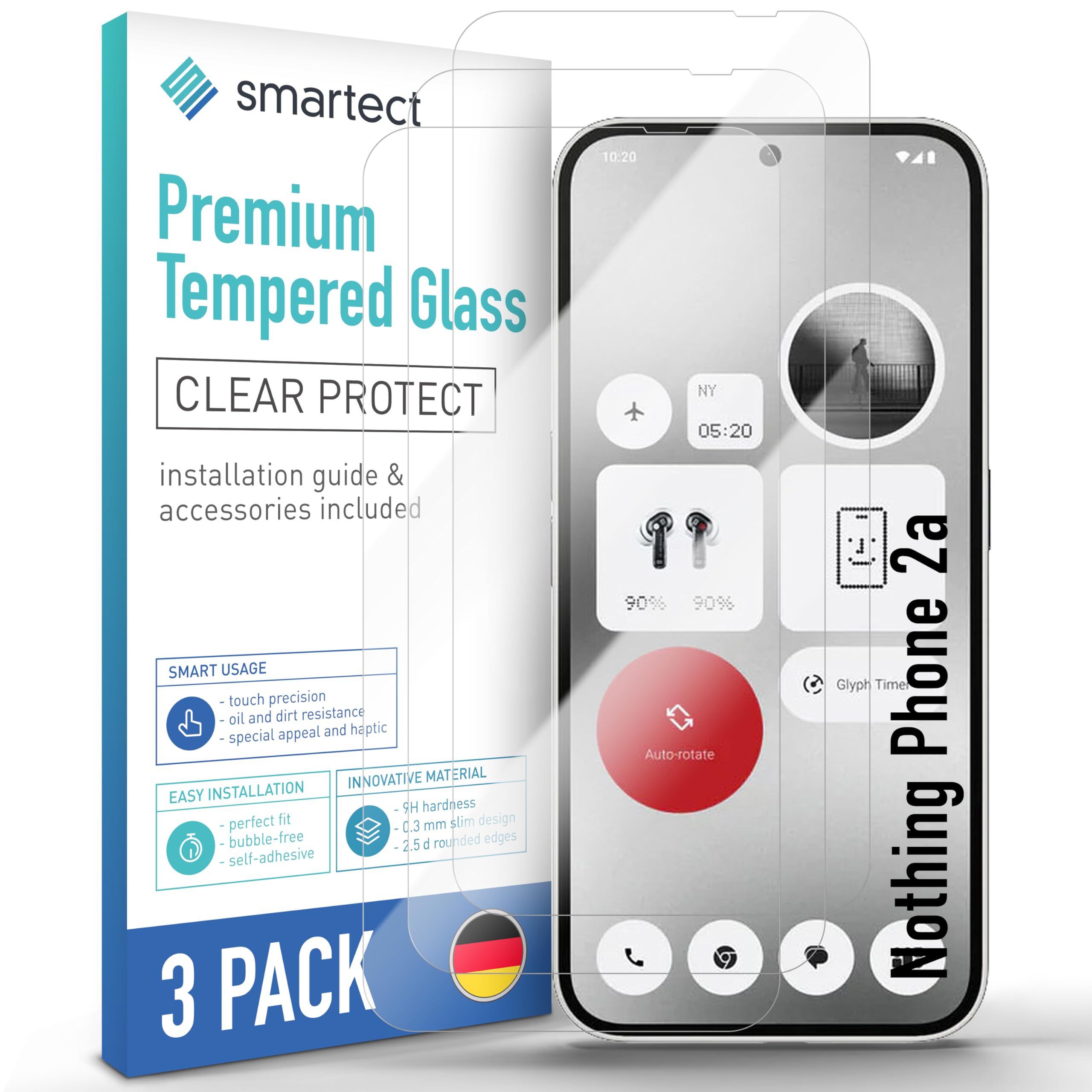 smartect Glass Screen Protector [3 Pieces, Ultra-Clear] for Nothing Phone 2a, HD Protective Film Anti Scratch, Bubble Free, 9H Hardness, Ultra Resistant