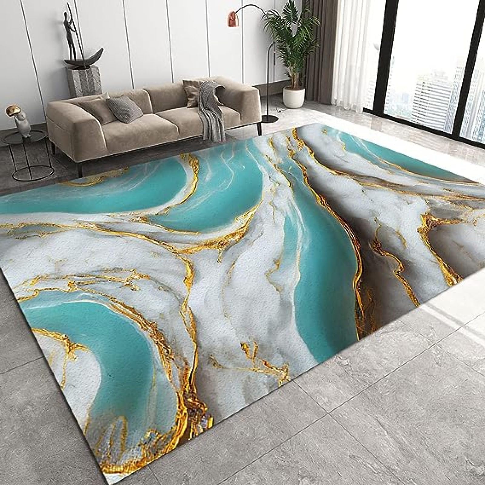 ((SIMILAR))5' x 7' Turquoise and White Marble Area Rug, Modern Abstract Gold Gray Texture Print Rugs, Machine Washable Non-Slip Carpet for Living Room Bedroom Office