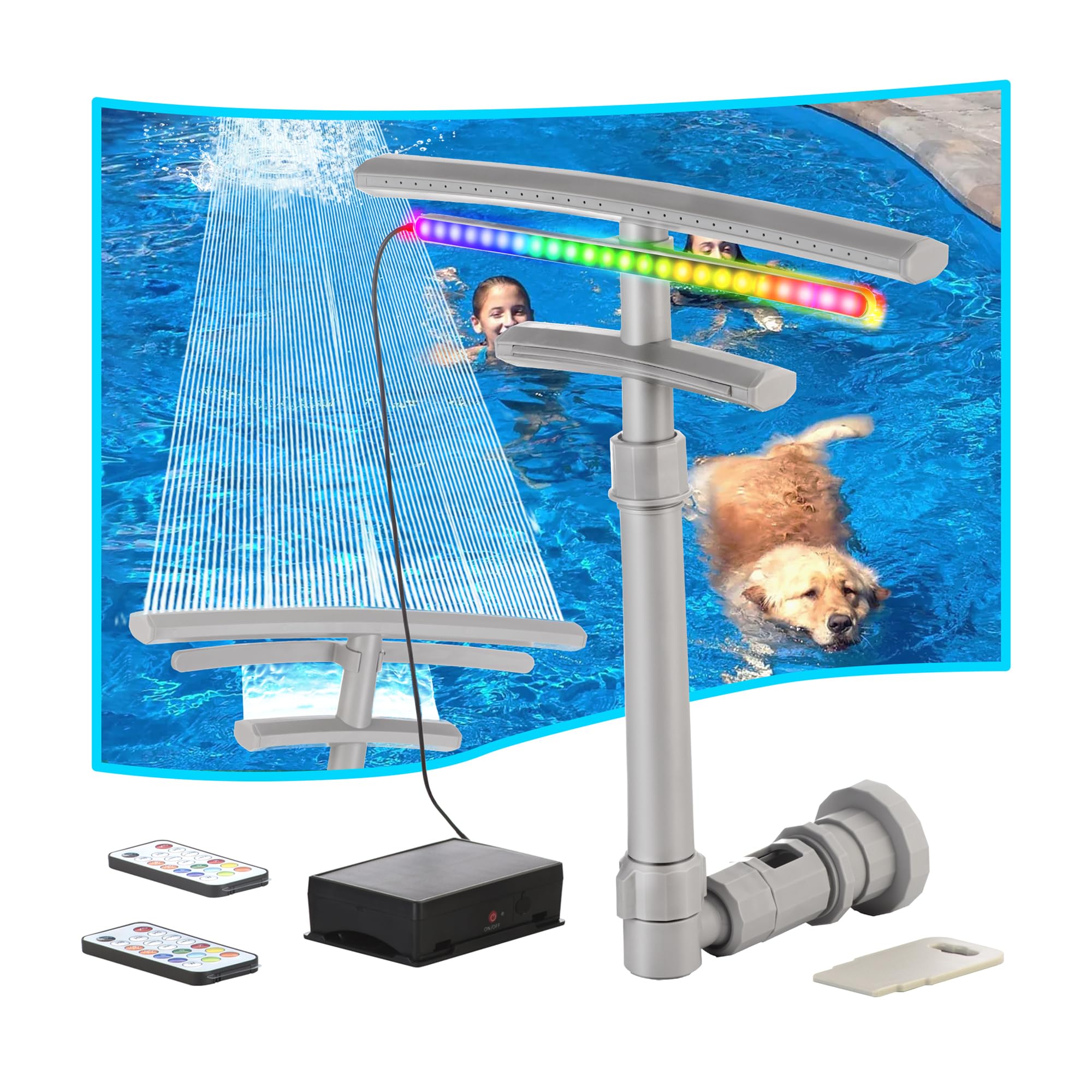 Pool Fountain for Above and Inground Pools, Upgraded Dual Waterfall with 9 Color LED Lights and 4 Modes, 360° Adjustable Pool Sprinkler Fountain Pool Cooler Pool Accessories Pool Decor (Gray)