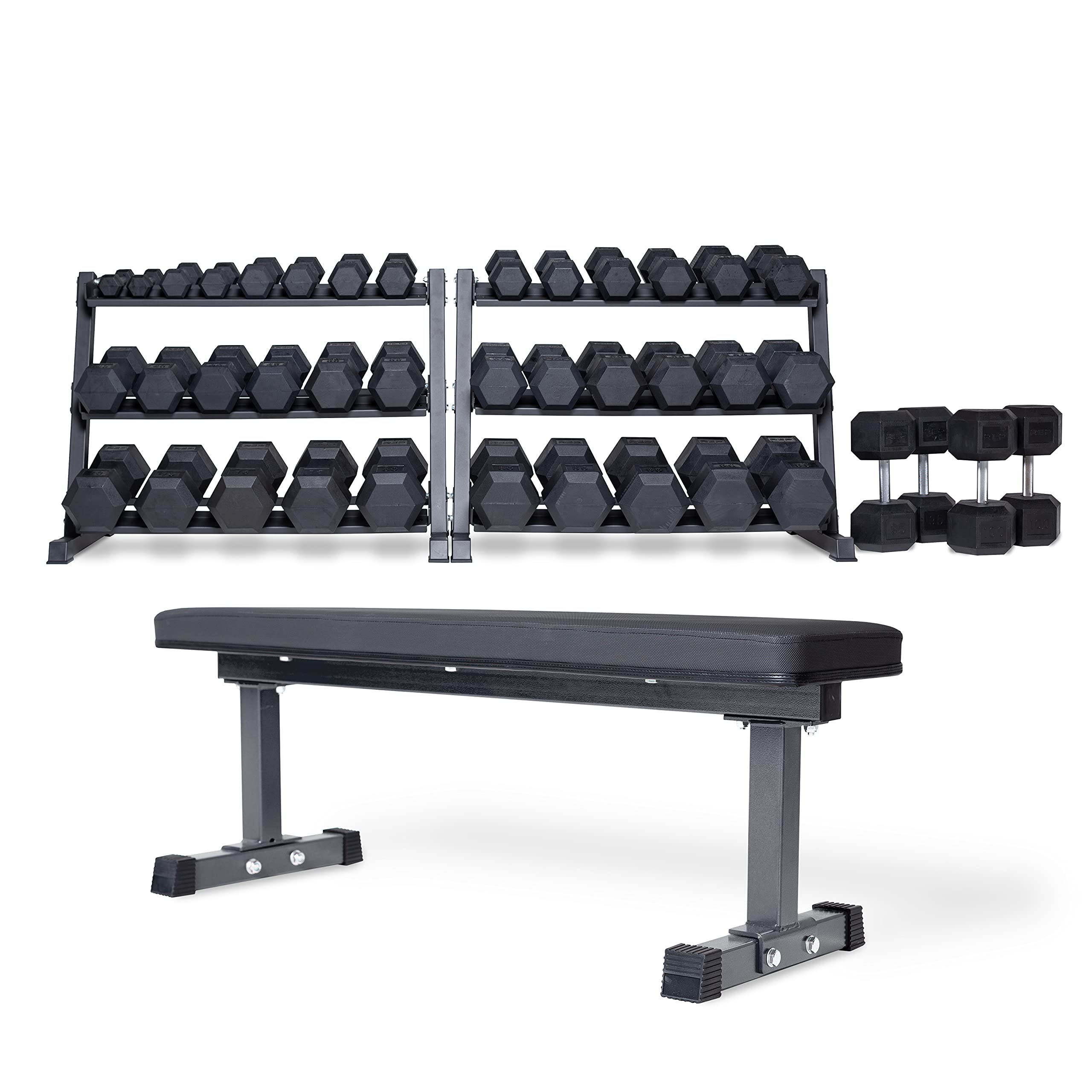 REP FITNESS Dumbbell Set with Bench 5-50 5-75 or 5-100 Rubber Hex Dumbbell Set with Either Flat or