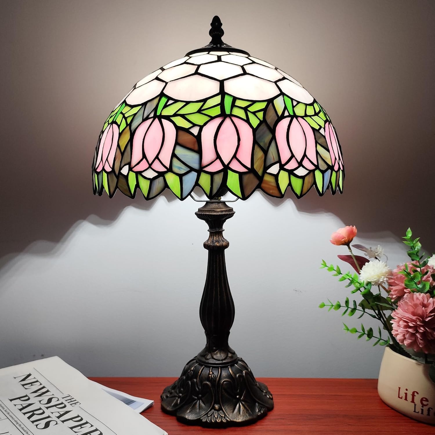 Tiffany Table Lamp 3-Color Light Stained Glass Lamp Tiffany Style Vintage Beside Reading Lamp 12 inch Living Room Light Flowers Style Antique Nightstand Light (Pink Tulip)