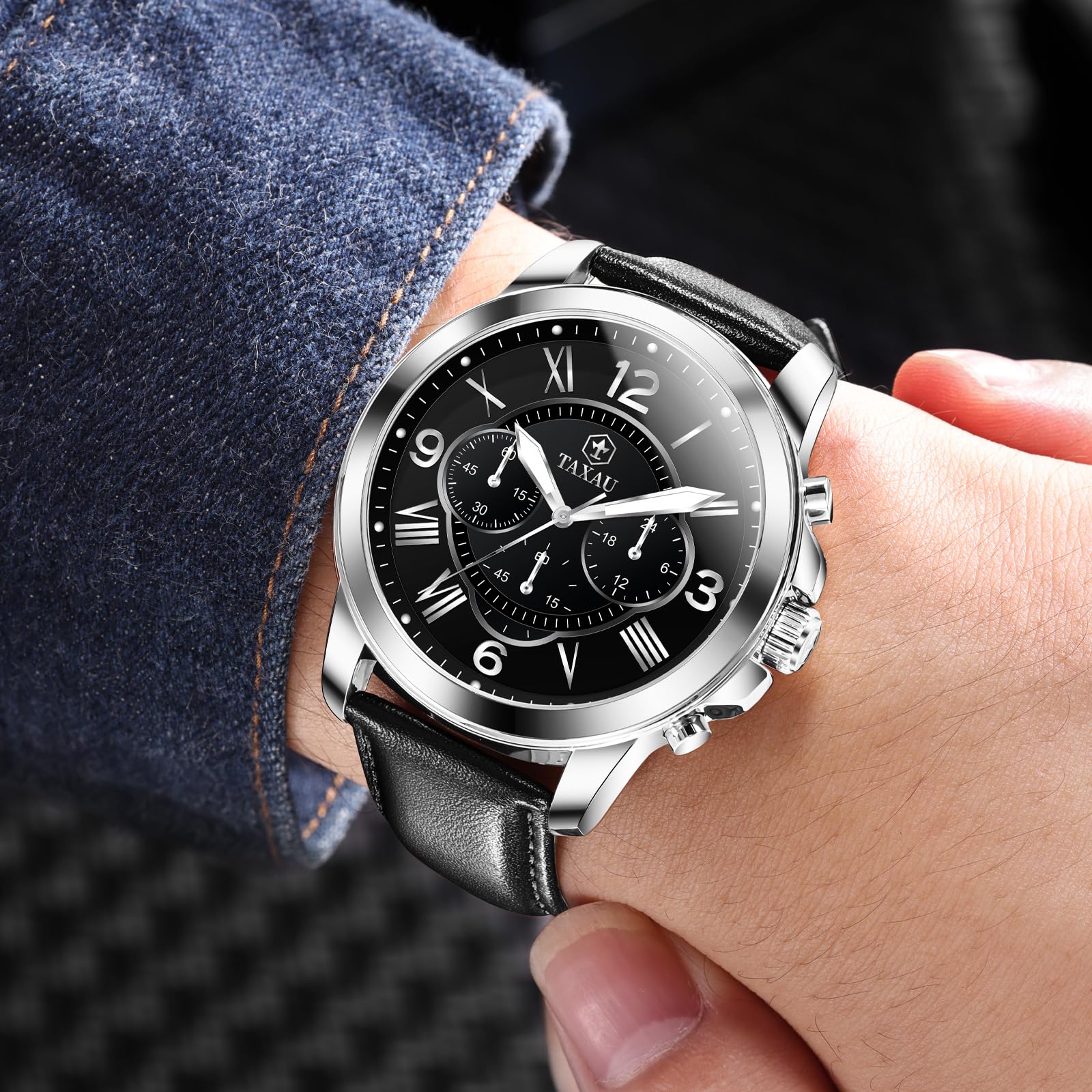 Taxau Men’s Casual Watch Black Waterproof Leather Business Dress Analog Quartz Chronograph Luxury Watches for Men Big Face Luminous Men's Wrist Watches Fashion Classic