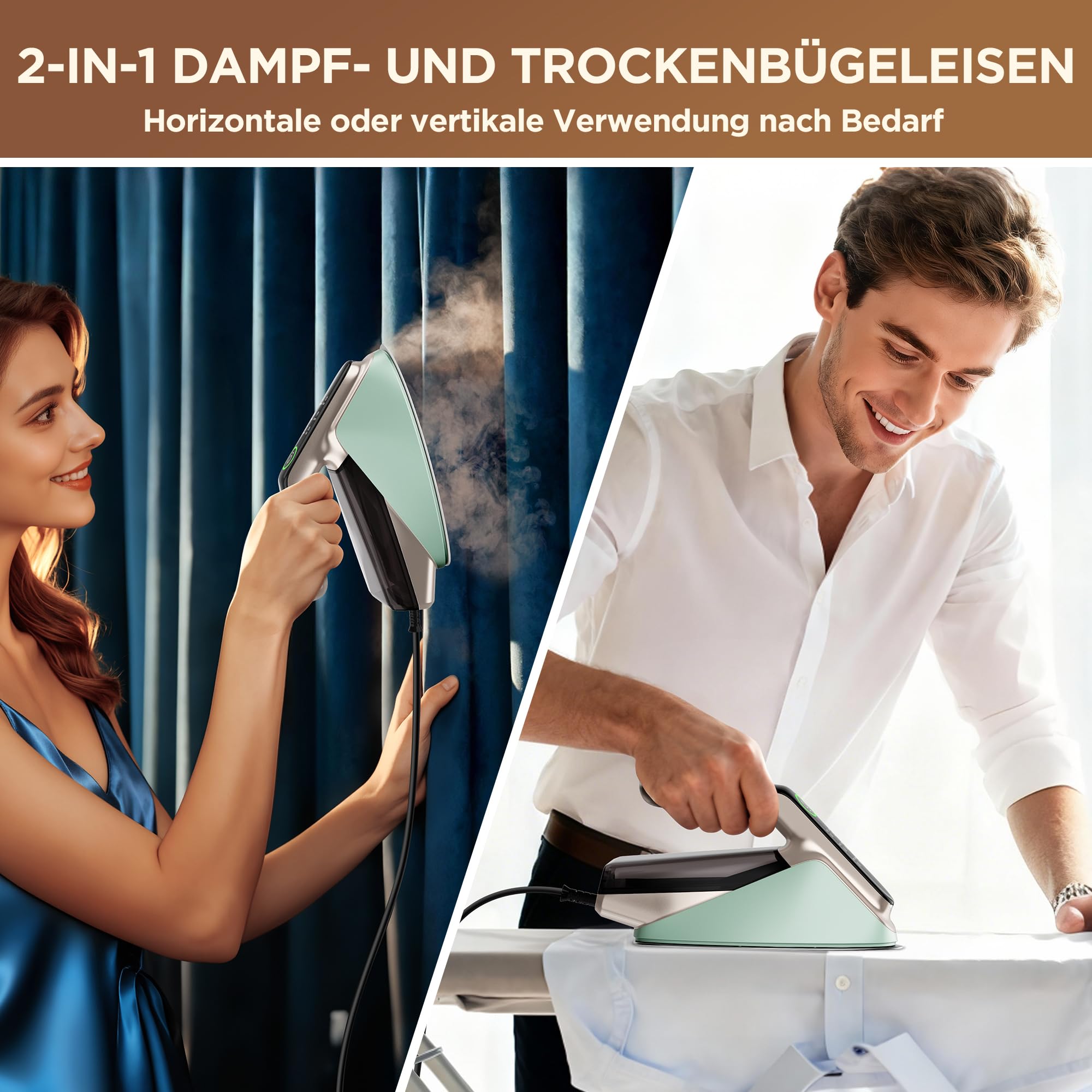 Newbealer Dampfbügeleisen 2400W Turbo - 350 ml abnehmbarer Wassertank, max. 32 g/min Dauerdampf, 200 g Dampfstoß, 4 Dampfstufen, Automatische Abschaltung & Selbstreinigung, Grün