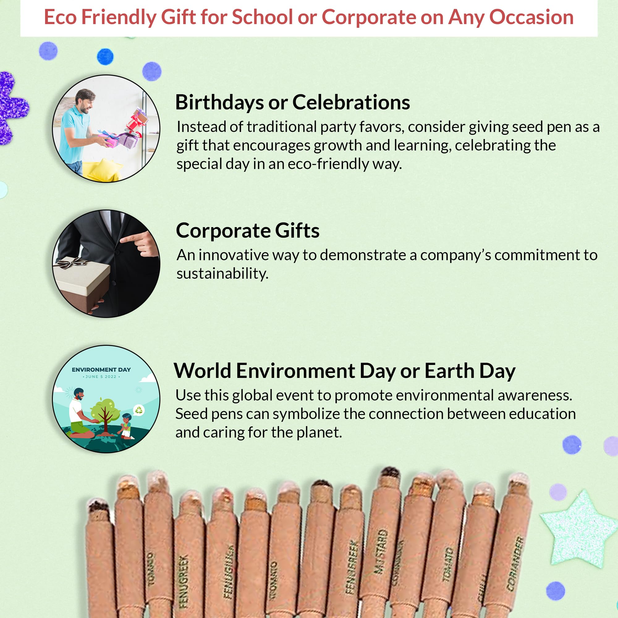GIFTONETREE Eco Friendly Plantable Seed Pencils | Best for Distributing in School on Birthday | Return Gift (1 Pencil + 1 Plain Pen, 15, count) 4